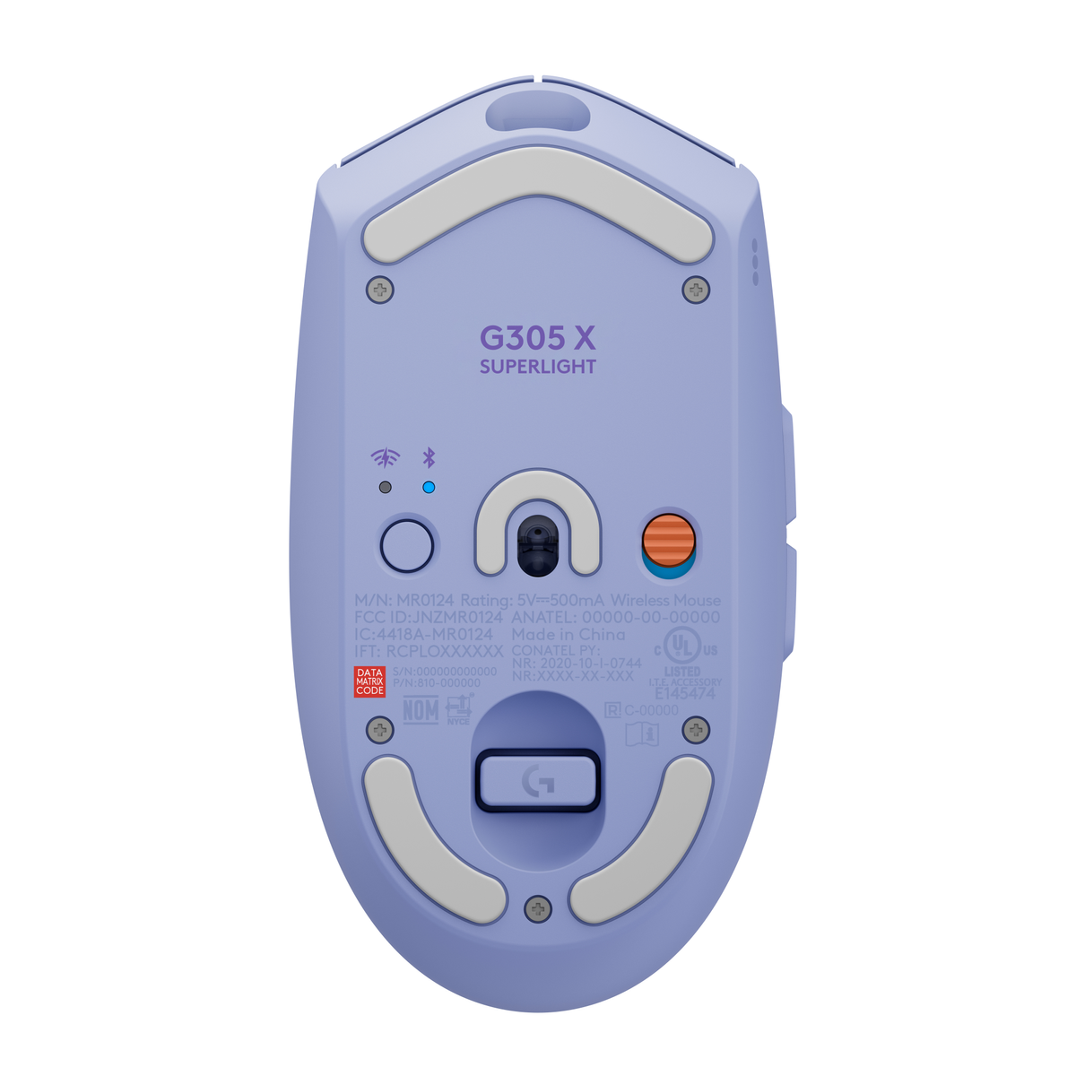 Parte inferior de un ratón Logitech G305 X SUPERLIGHT morado con etiquetas.