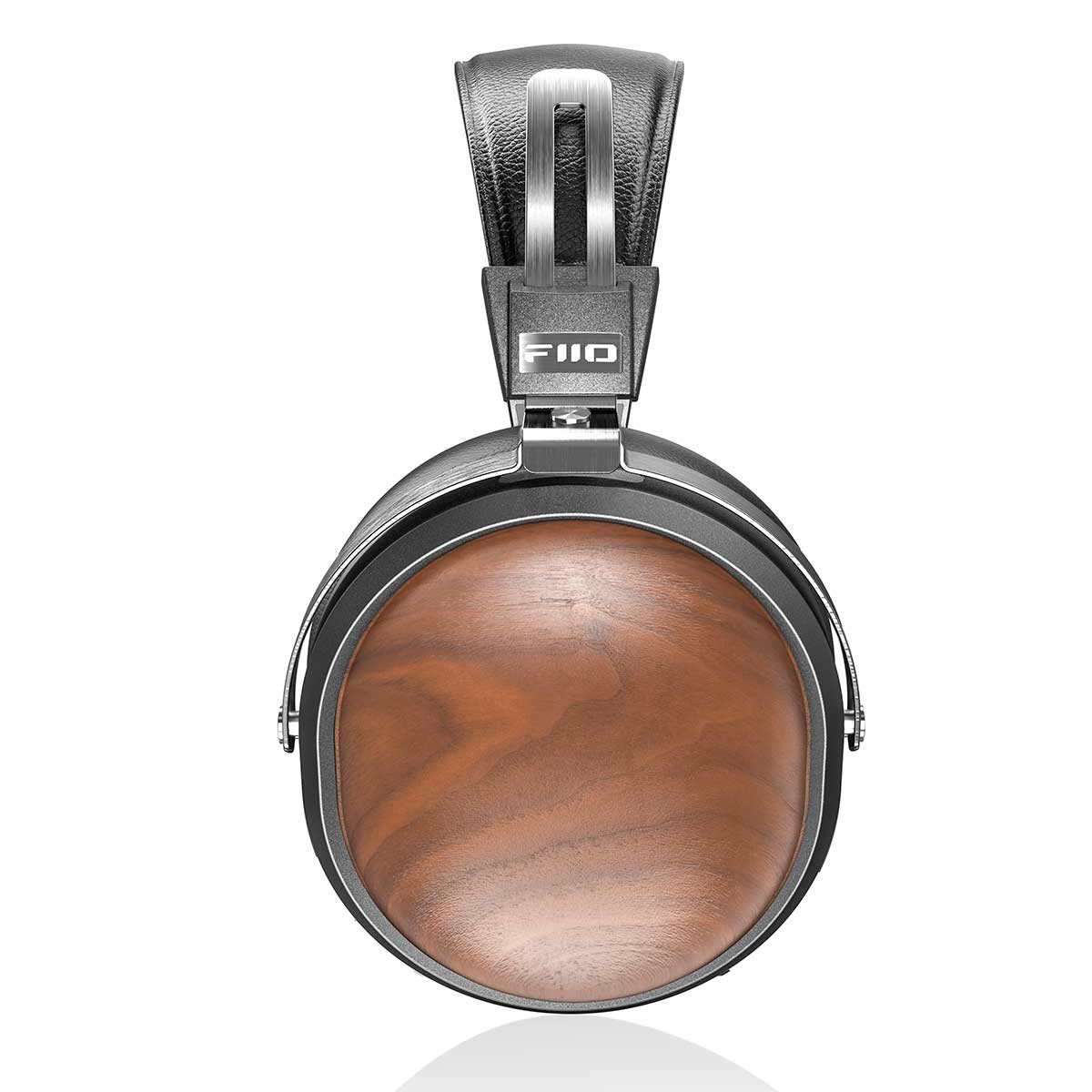 Auriculares premium con copas de madera y detalles plateados.