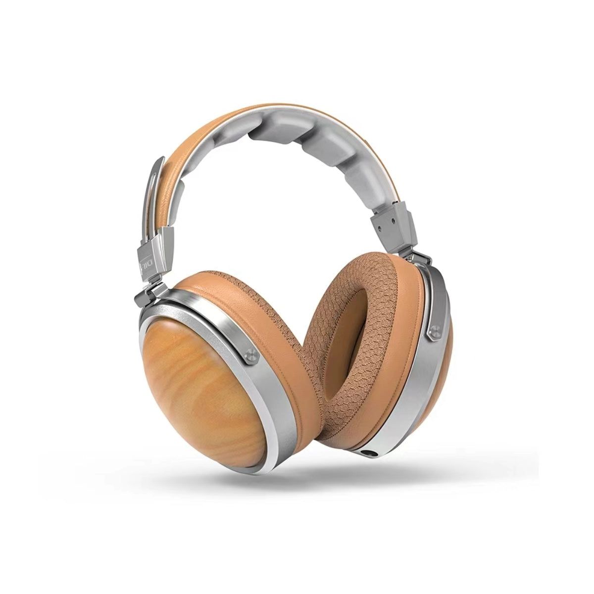 Auriculares elegantes con copas de grano de madera, cuero y metal.