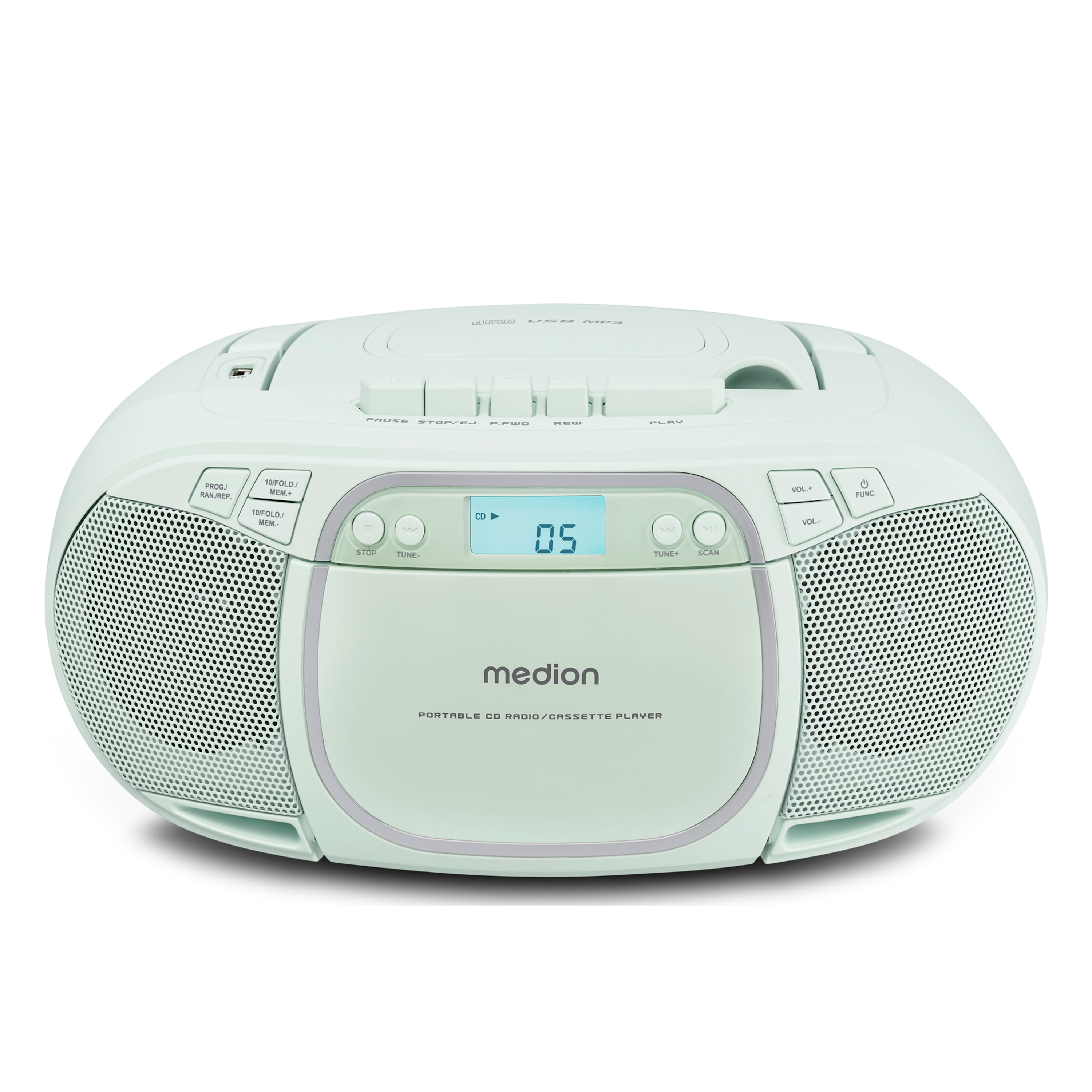 Ein hellgrüner Medion CD-Kassetten-Player mit Lautsprechern, CD-Schacht und Kassettendeck.