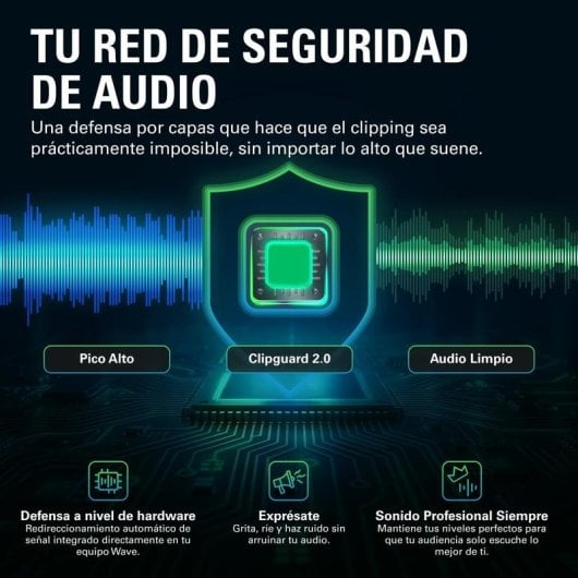 Grafika z falami dźwiękowymi, tarczą z chipem i tekstem o bezpieczeństwie audio.
