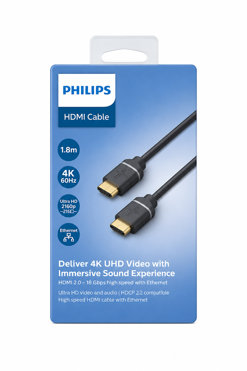 Altın konektörlü Philips HDMI kablosu, 1,8m, 4K 60Hz, Ultra HD, Ethernet.