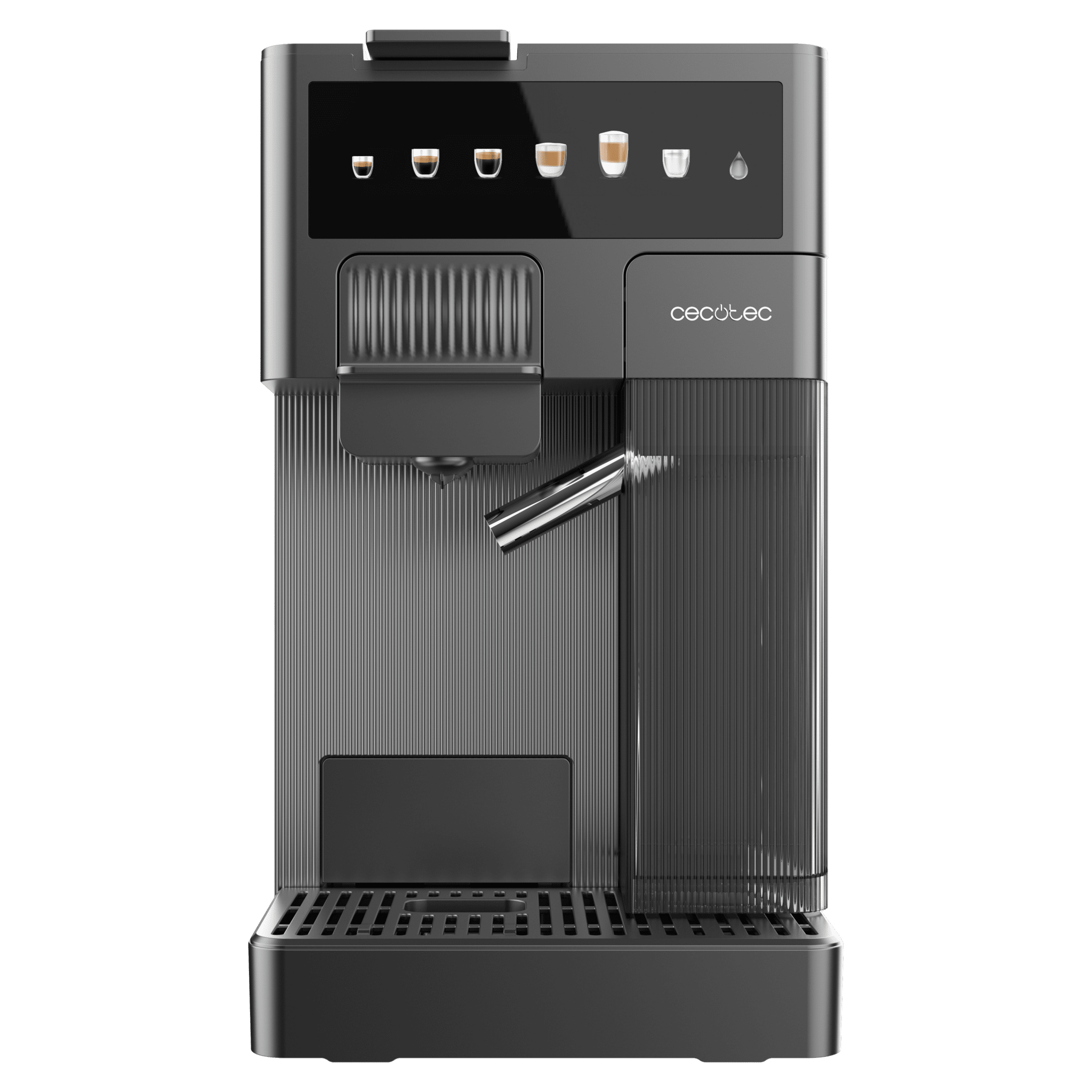 Una cafetera moderna y oscura con pantalla digital que muestra varias bebidas de café.