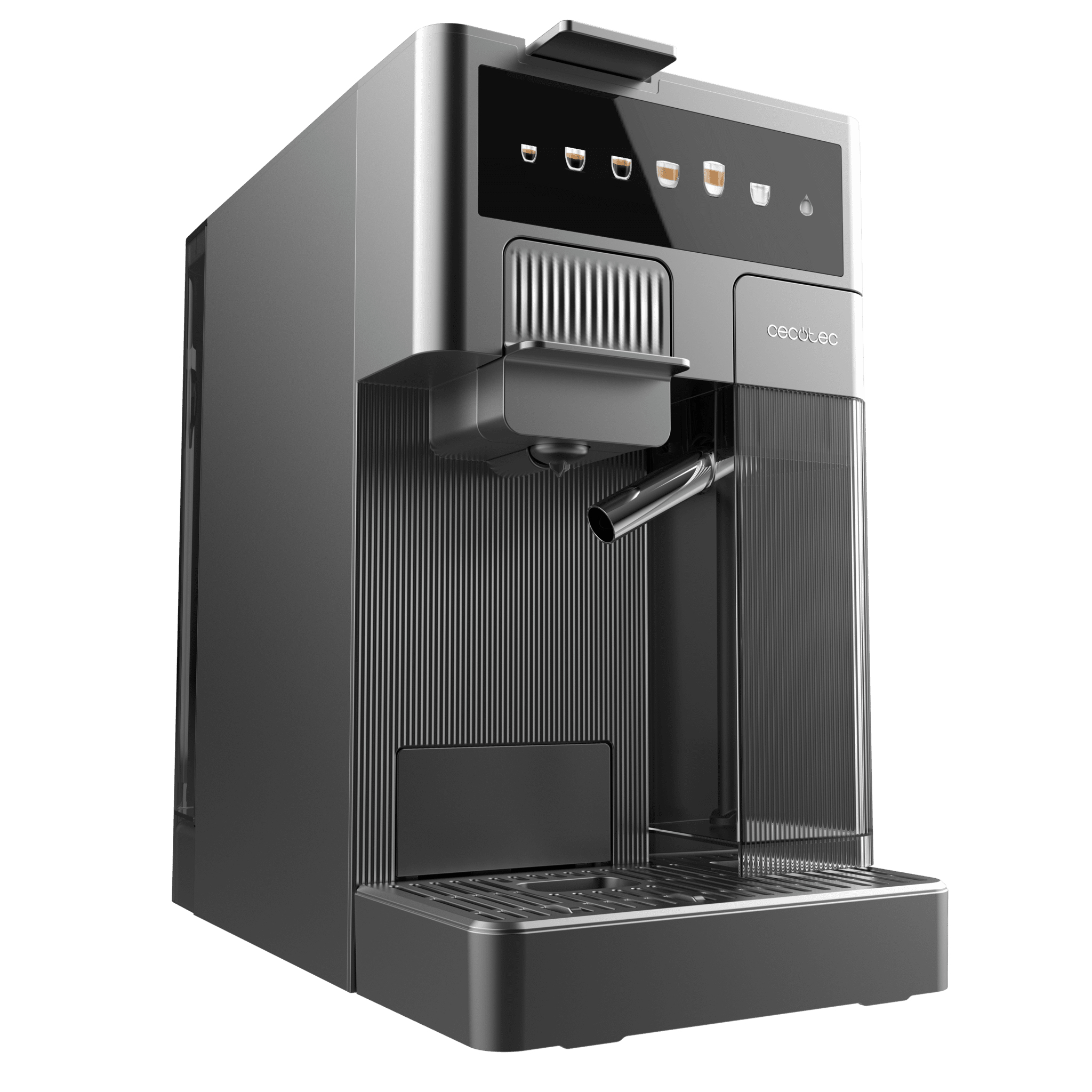 Una cafetera moderna y plateada con pantalla táctil negra y pantalla de tazas.