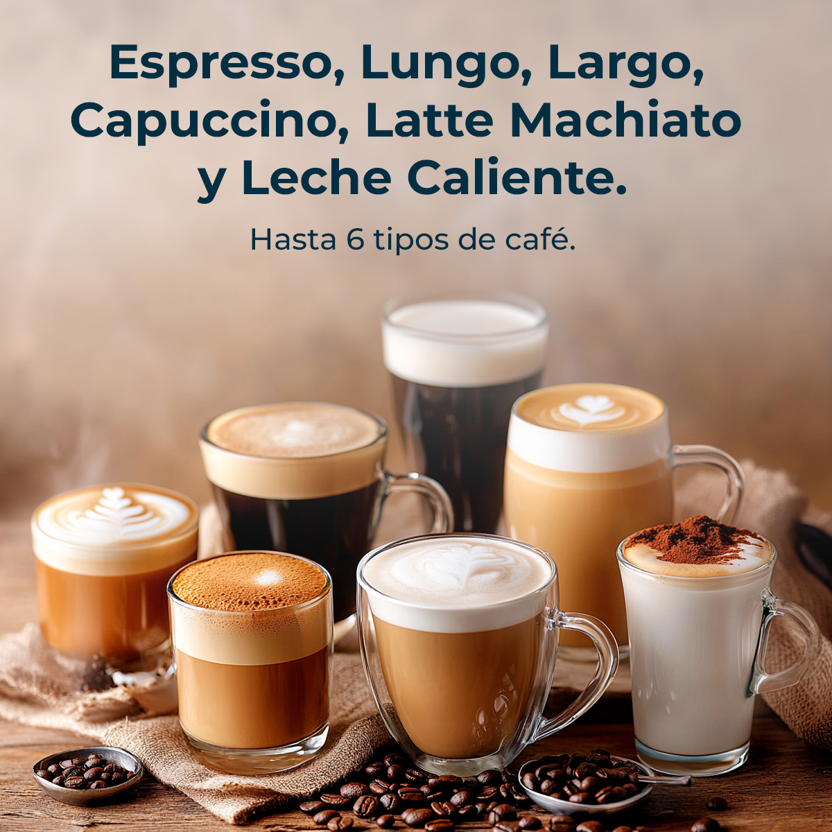 Varias bebidas de café, incluyendo espresso, capuchino y latte macchiato.