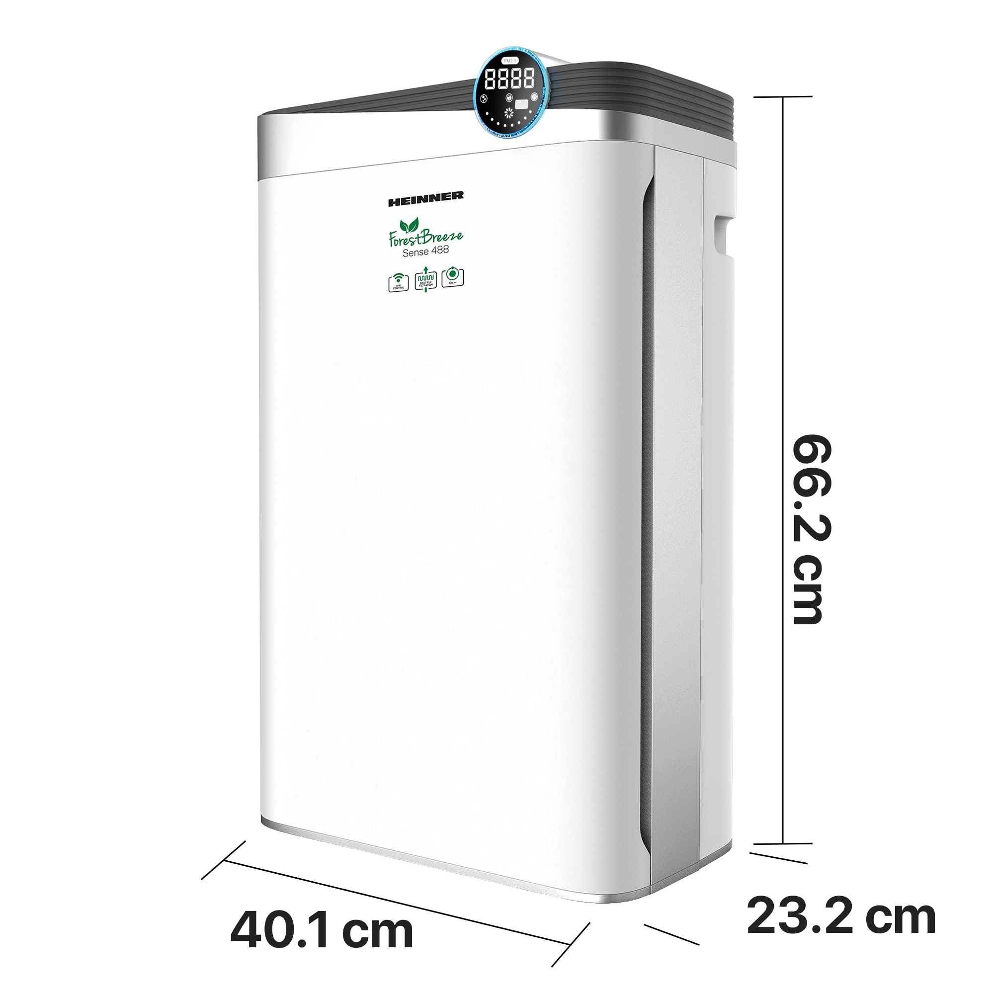 Un purificateur d'air blanc avec un affichage numérique et un dessus noir, étiqueté "HEINNER ForestBreeze Sense 488", montrant les dimensions.