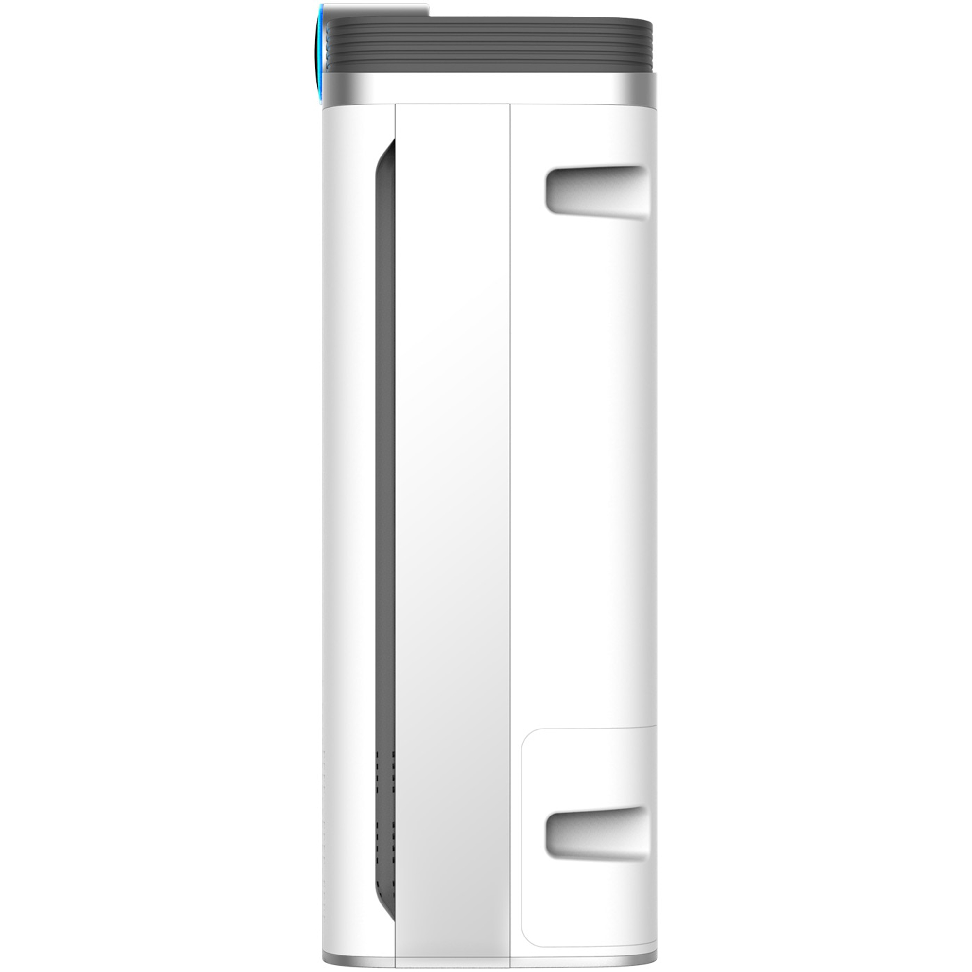 Un purificateur d'air blanc et rectangulaire avec un dessus gris et un accent bleu.