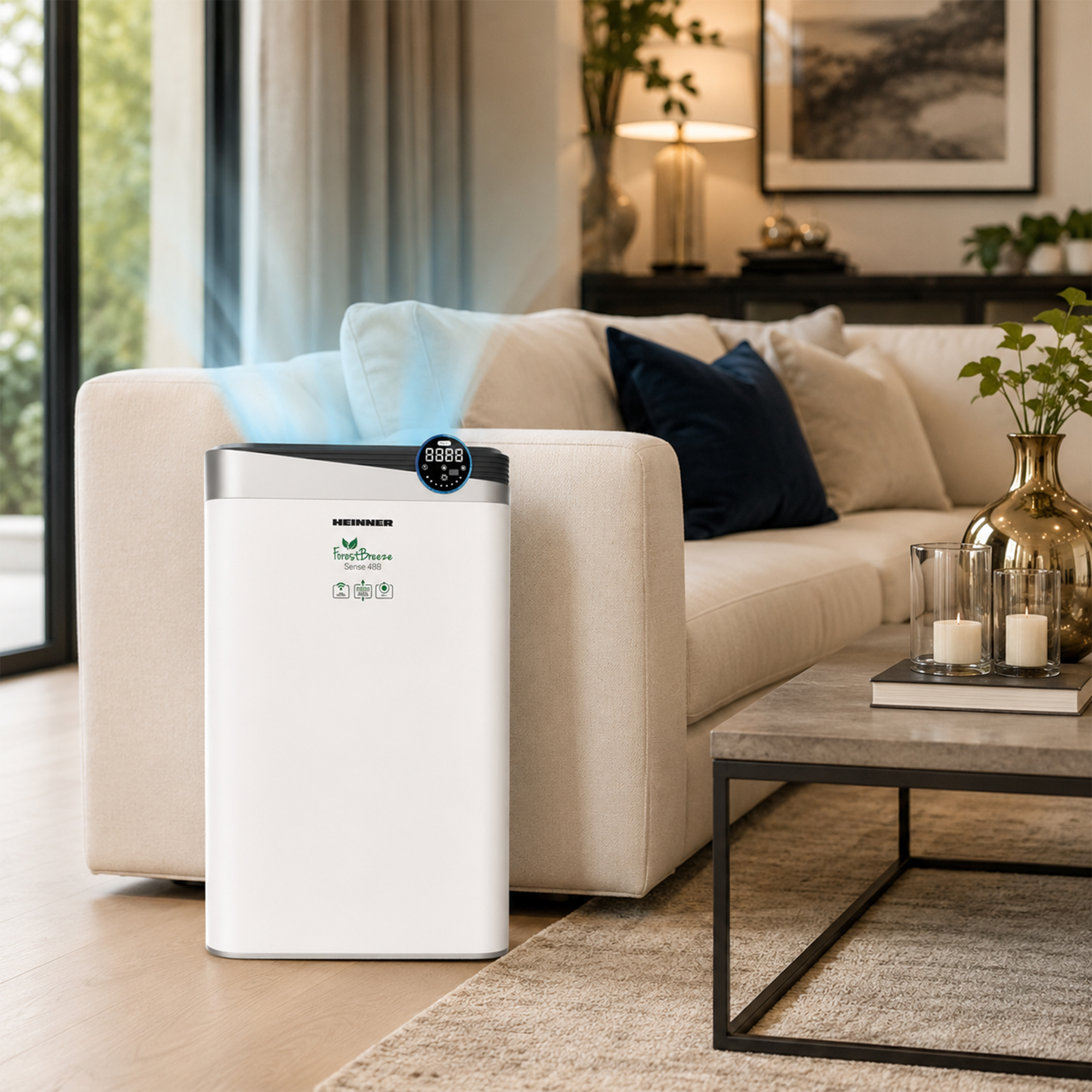 Un purificateur d'air HEINNER blanc à côté d'un canapé dans un salon.