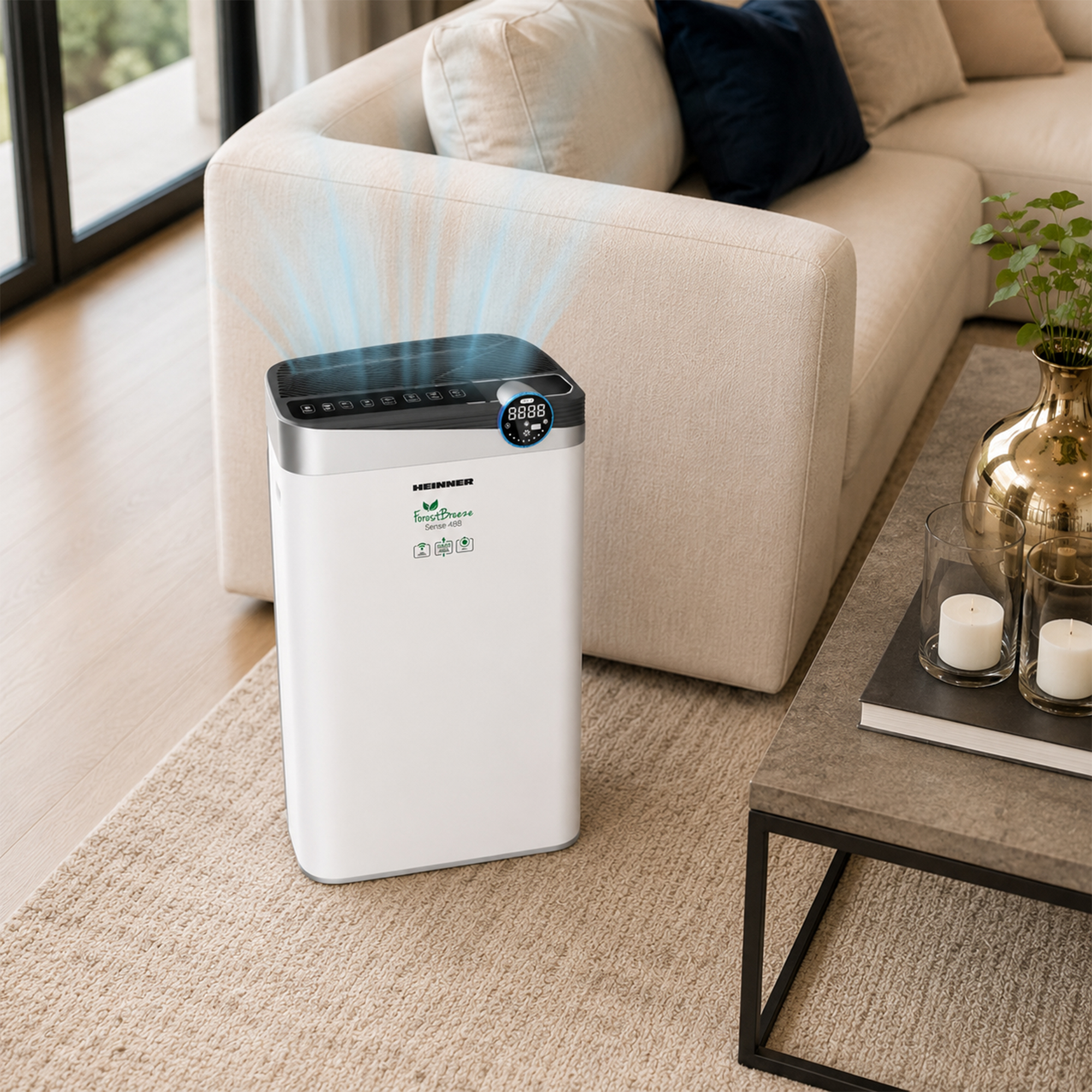 Un purificateur d'air blanc avec de la brume bleue est assis sur un tapis devant un canapé.