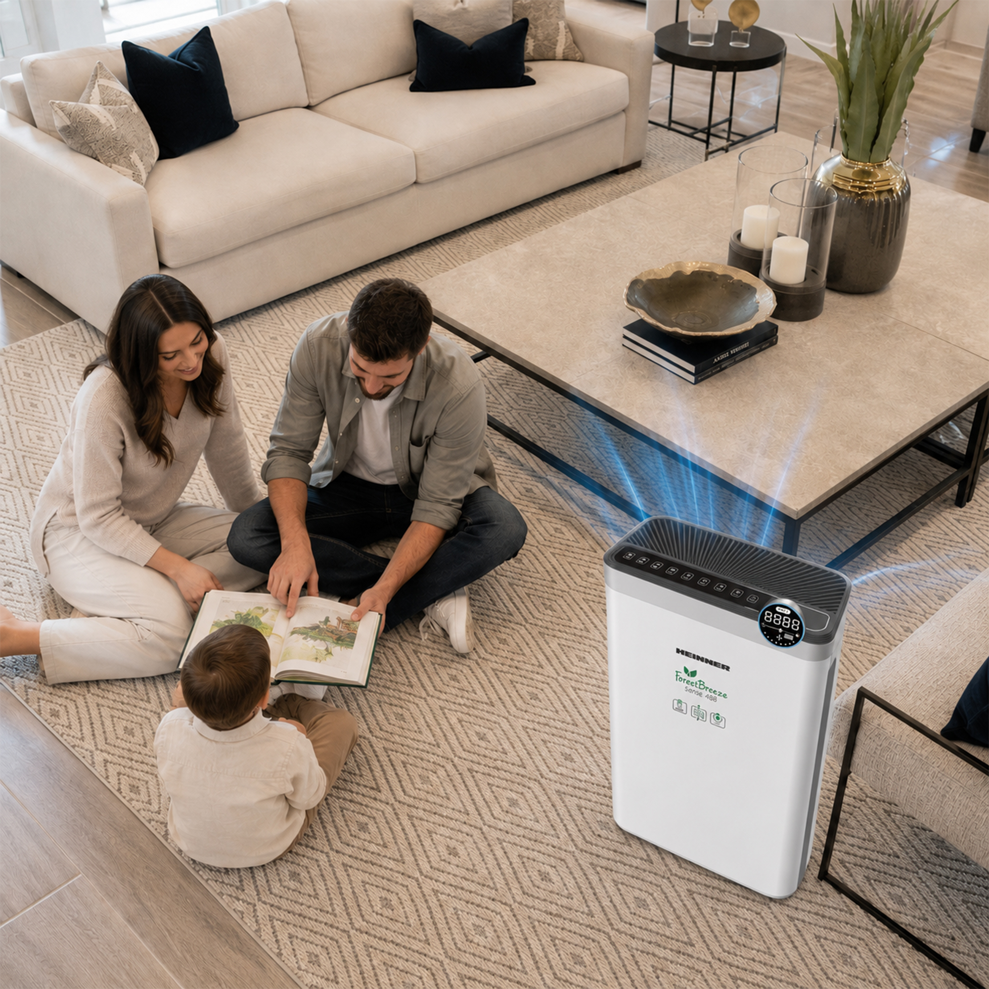 Famille sur tapis lisant un livre avec purificateur d'air à proximité.