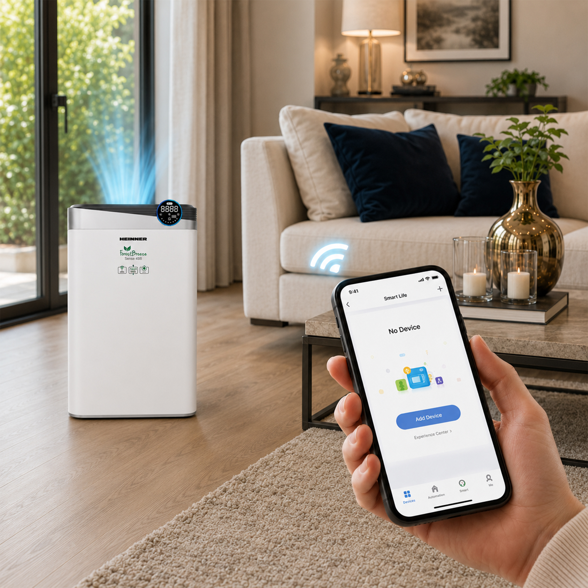 Un purificateur d'air Heinner blanc avec lumière bleue émise par le haut, à côté d'une main tenant un smartphone.