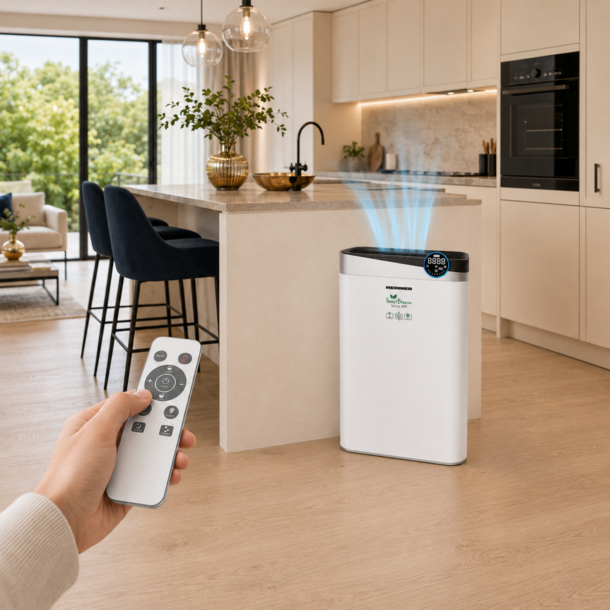 Un purificateur d'air blanc avec de la brume bleue est posé sur un parquet. Une main tient une télécommande.