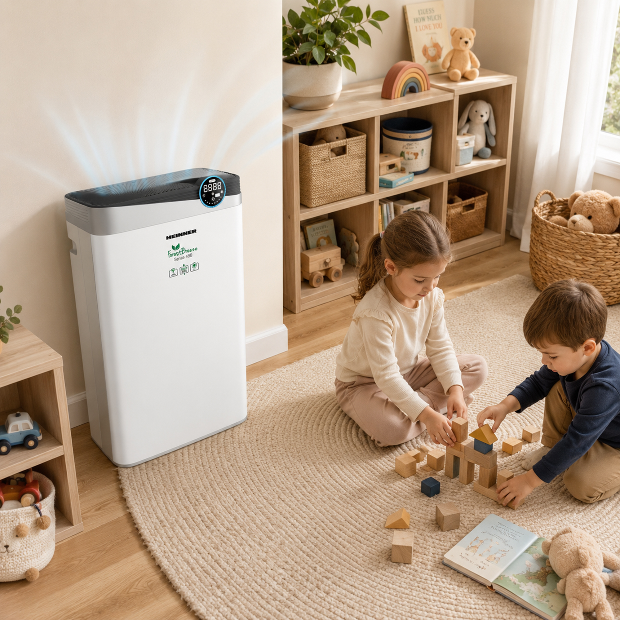 Un purificateur d'air blanc à côté d'enfants jouant avec des blocs en bois.