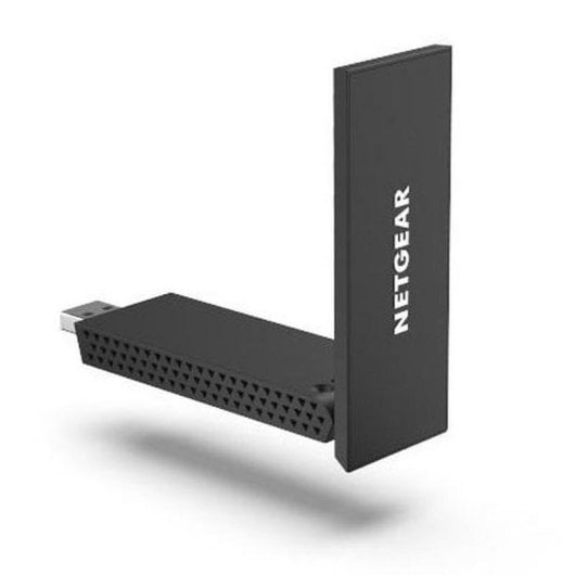 Adattatore Wi-Fi Netgear nero con connessione USB e antenna.
