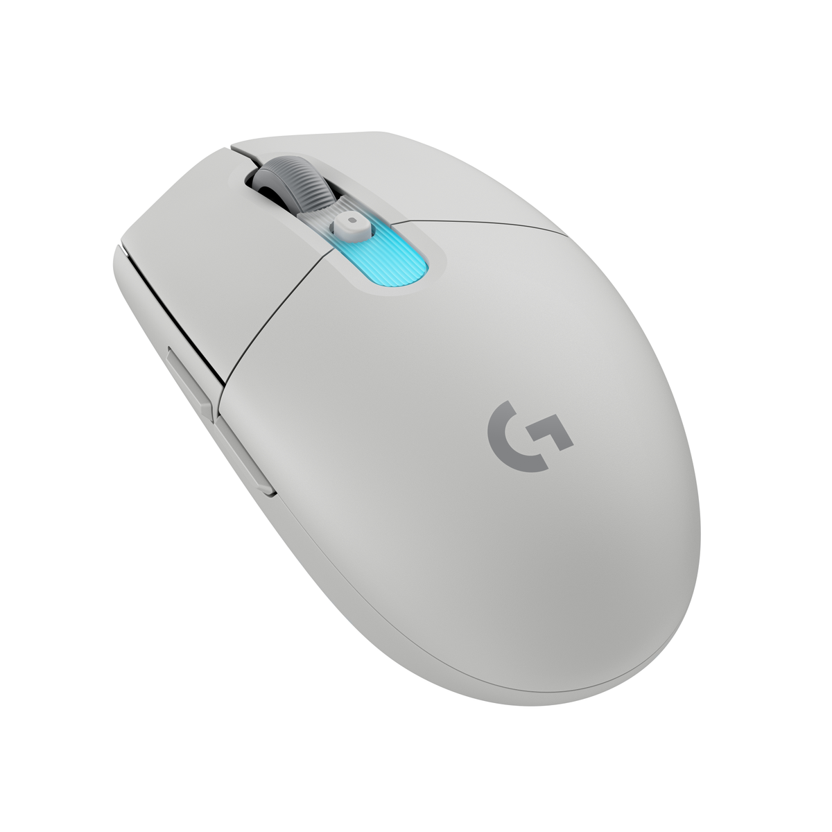 Ratón gaming Logitech gris con tira de luz azul y rueda de goma.