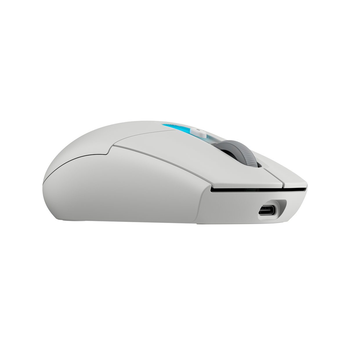 Un ratón blanco para juegos con luz azul y puerto USB-C.