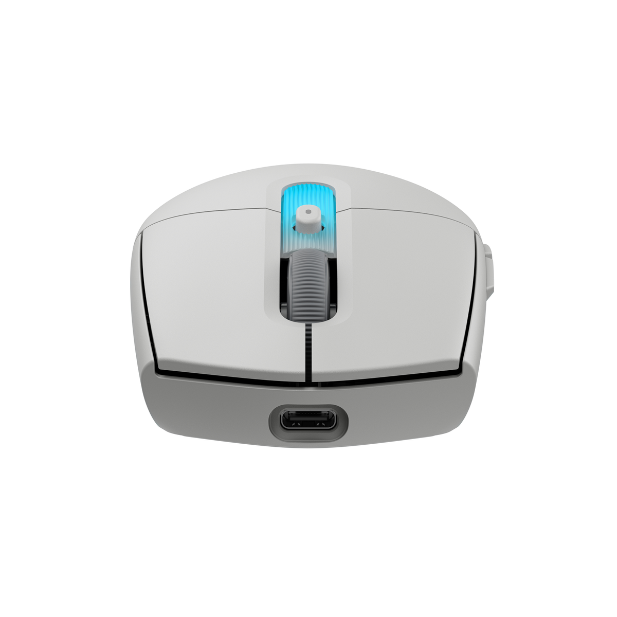 Un ratón de computadora inalámbrico blanco con rueda de desplazamiento gris y luz LED azul.