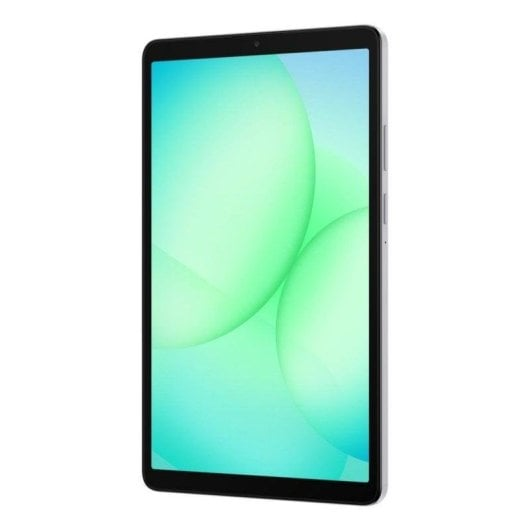 Un tablet argento con cornice nera mostra uno sfondo verde chiaro e blu.