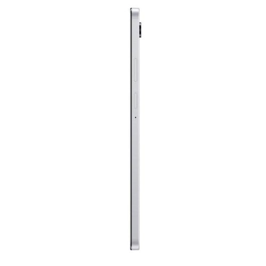 Vista laterale di un tablet argento con schermo acceso