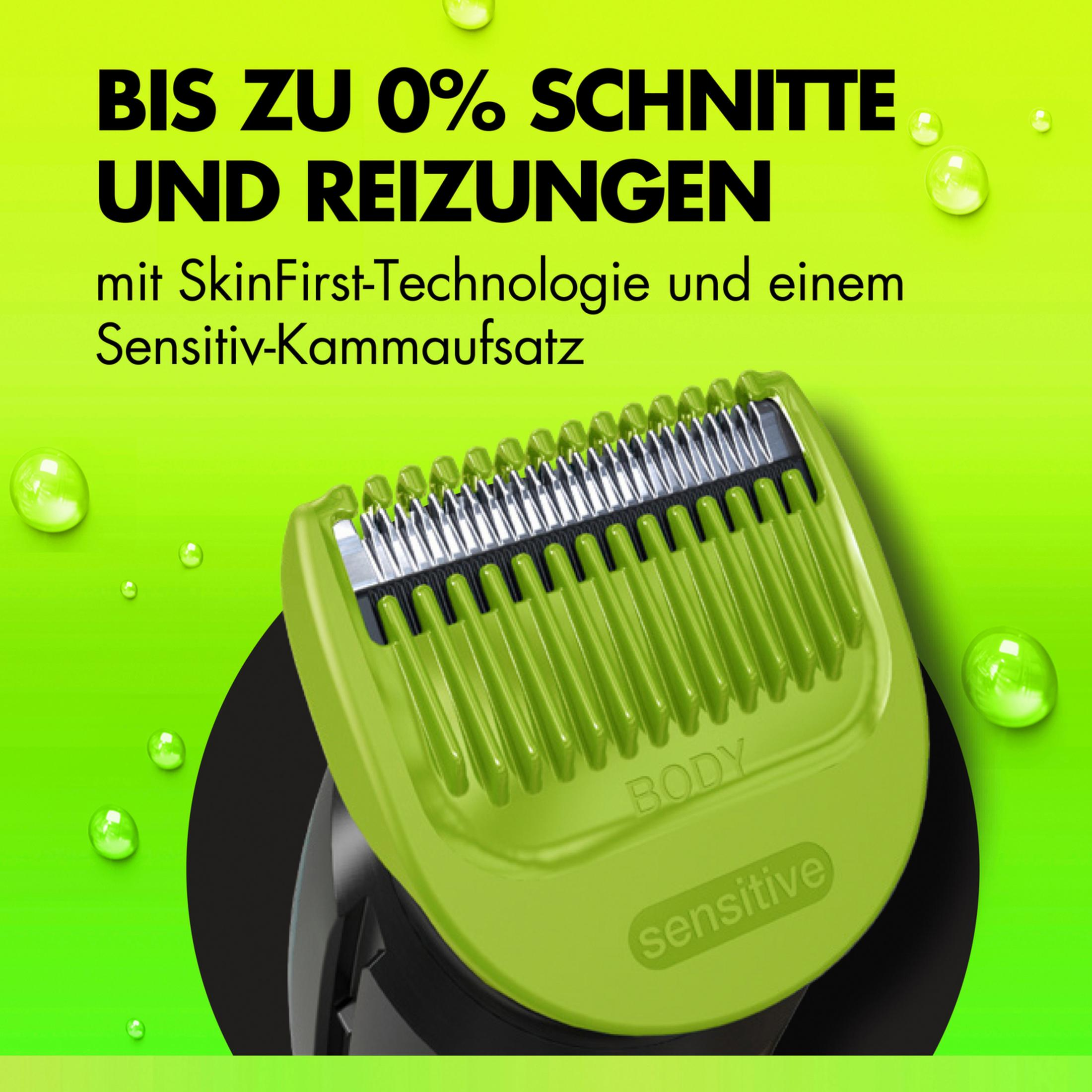 Una testina di rasatura verde con accessorio a pettine e la scritta "BODY sensitive", su uno sfondo verde brillante con gocce d'acqua.
