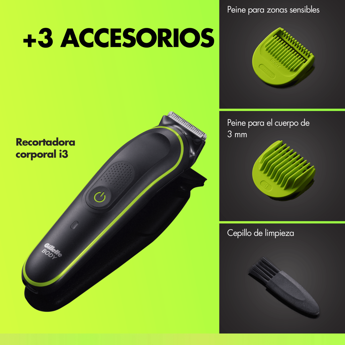Un rifinitore corpo Gillette nero e verde neon con tre accessori: un pettine per zone sensibili, un pettine corpo da 3 mm e una spazzola per la pulizia.