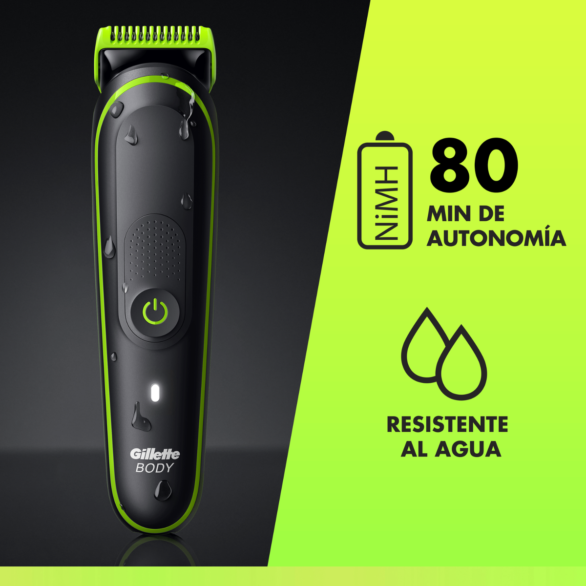 Un rifinitore nero e verde neon con goccioline d'acqua. Il testo indica 80 minuti di autonomia e resistenza all'acqua.