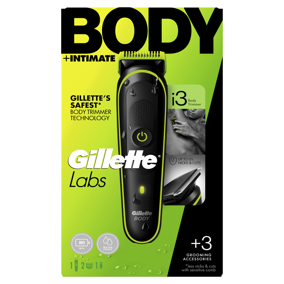 Gillette Body i3 rifinitore: nero, impermeabile, 80 min, con 3 accessori.