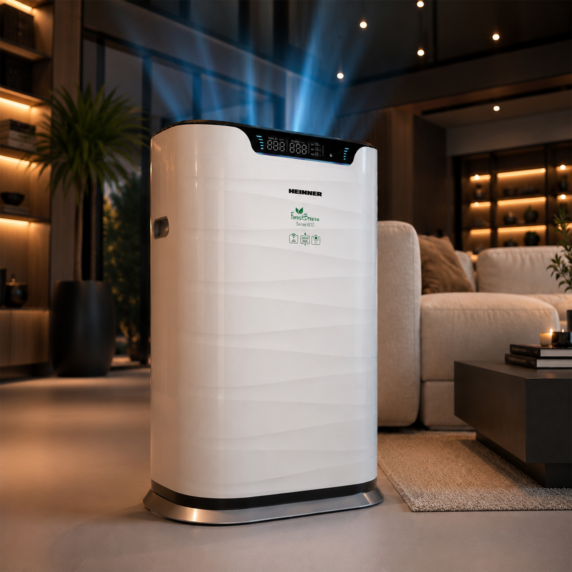 Un purificateur d'air blanc avec écran numérique dans un salon.
