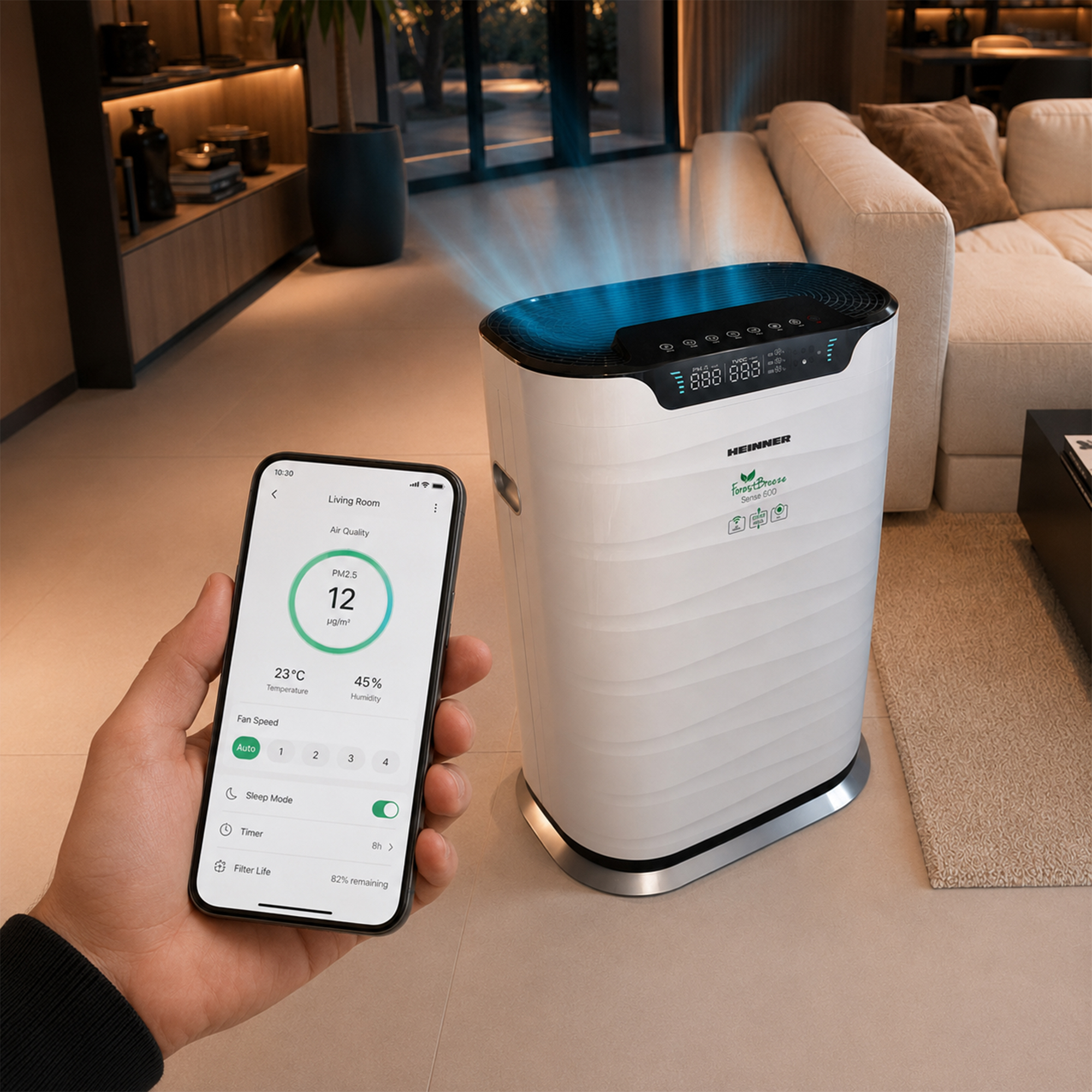 Un purificateur d'air avec contrôle par application dans un salon moderne.