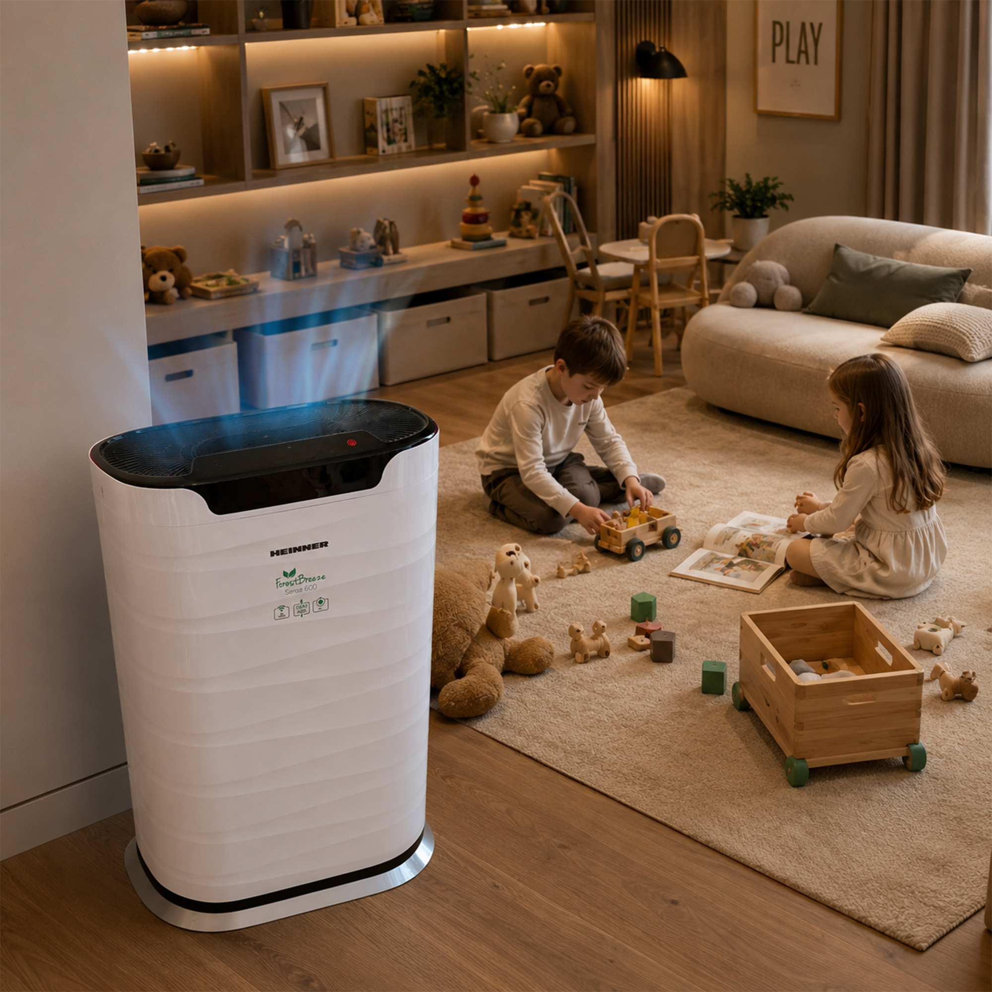 Un purificateur d'air blanc à côté d'enfants jouant sur un tapis.