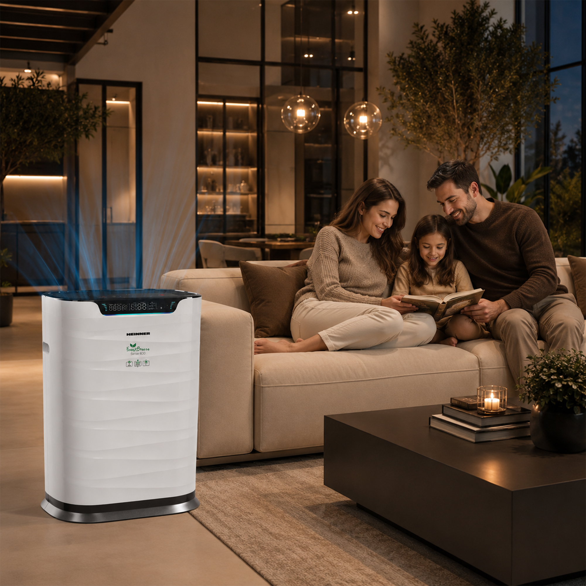 Une famille lit sur un canapé avec un purificateur d'air au premier plan.