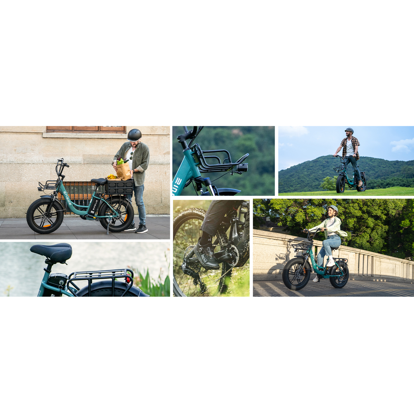 Eine Collage von sechs Bildern, die ein tealfarbenes Elektrofahrrad zeigen.