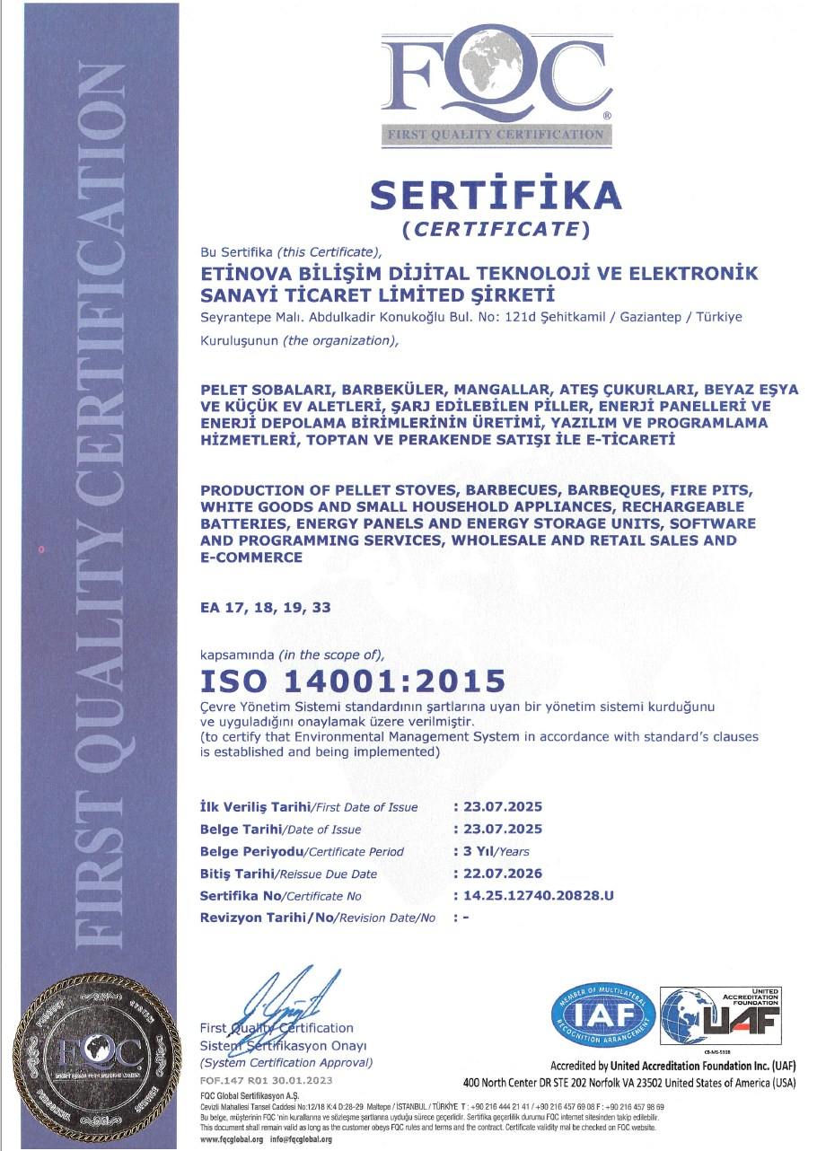 Etinova Bilişim Dijital Teknoloji ve Elektronik Sanayi Ticaret Limited Şirketi için 23.07.2025 tarihli bir sertifika.