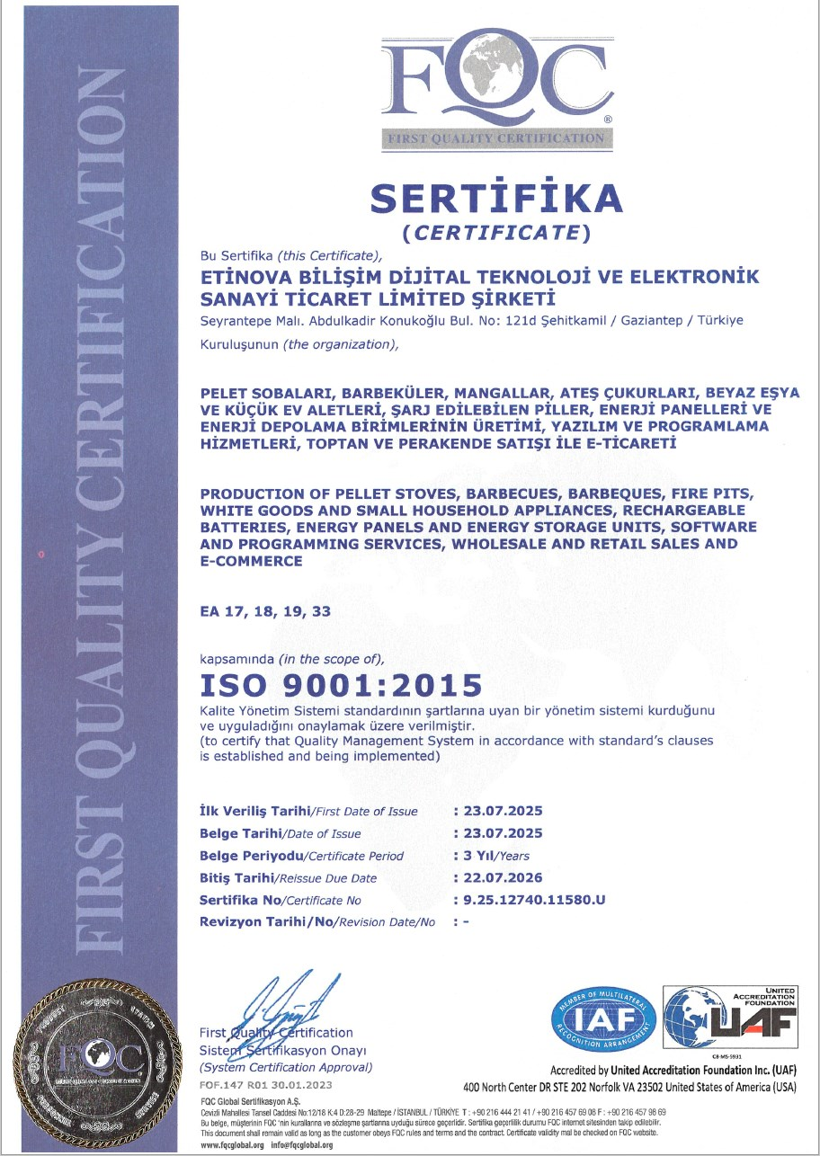 ETİNOVA BİLİŞİM DİJİTAL TEKNOLOJİ VE ELEKTRONİK SANAYİ TİCARET LİMİTED ŞİRKETİ FQC Sertifikası