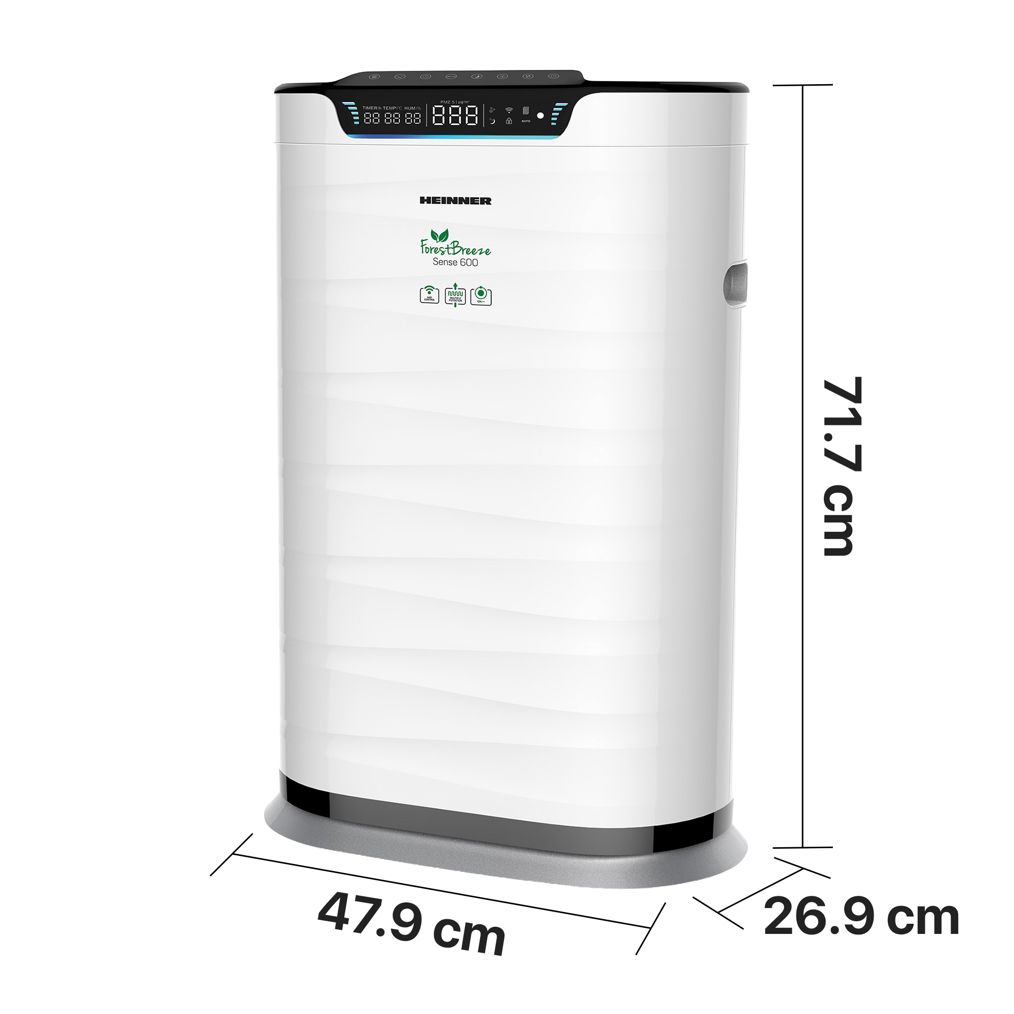 Purificateur d'air HEINNER blanc avec écran numérique, 71,7 cm de haut.