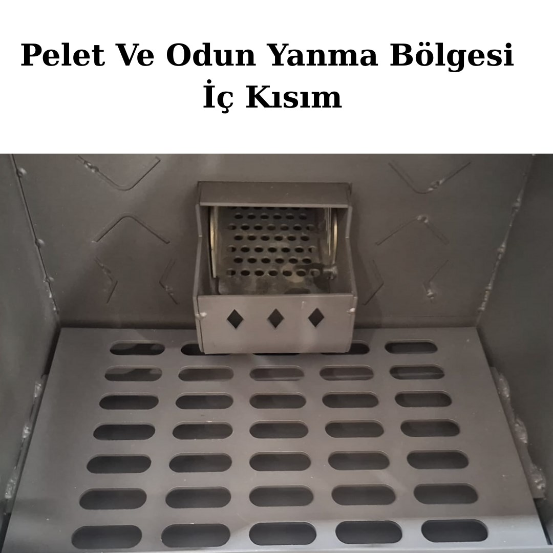 Metal pelet ve odun yakan soba iç görünümü, delikli ızgara ve küçük, kirli bir dağıtıcı gösteriyor.