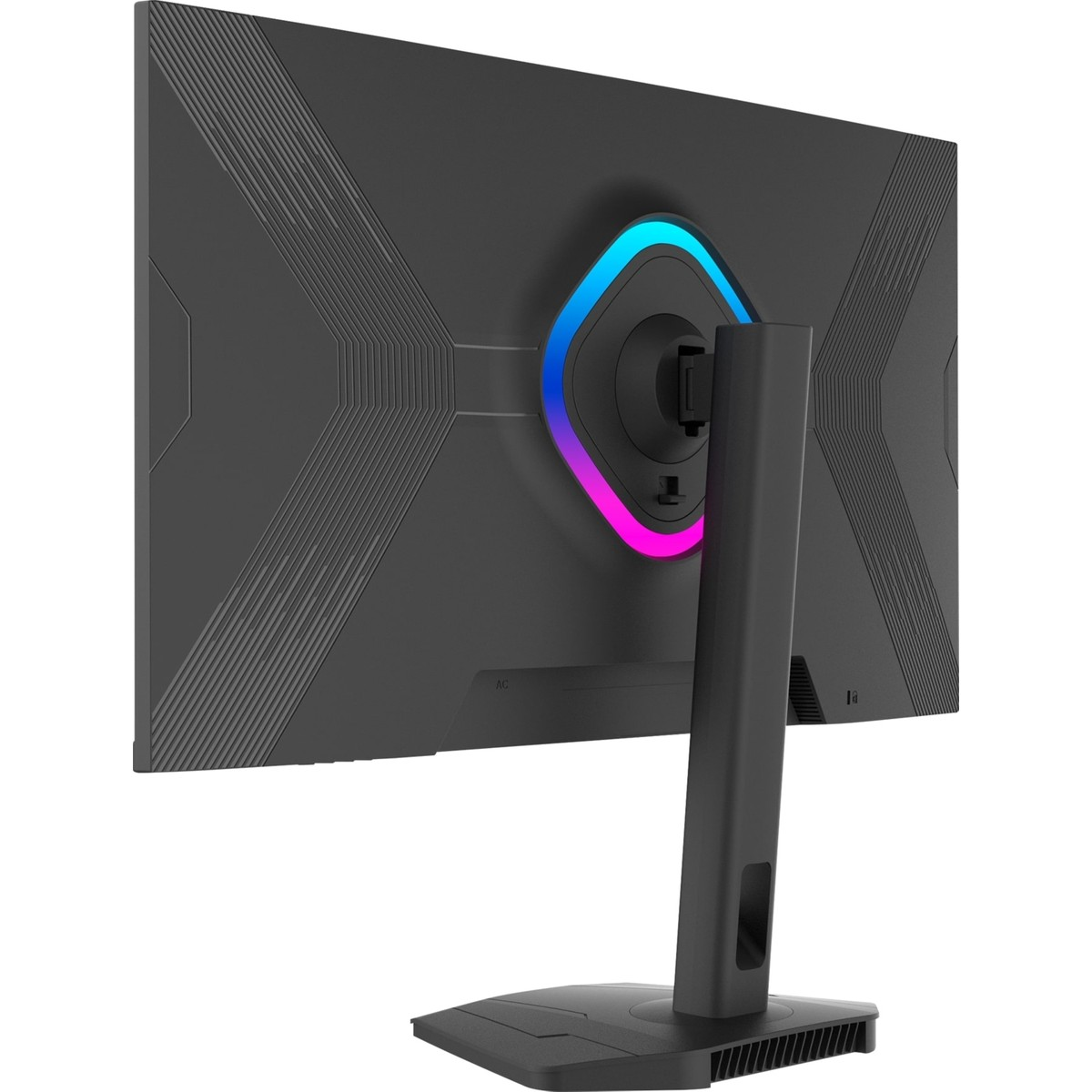 Monitörün arkası, stant yuvasında RGB aydınlatmalı siyah.