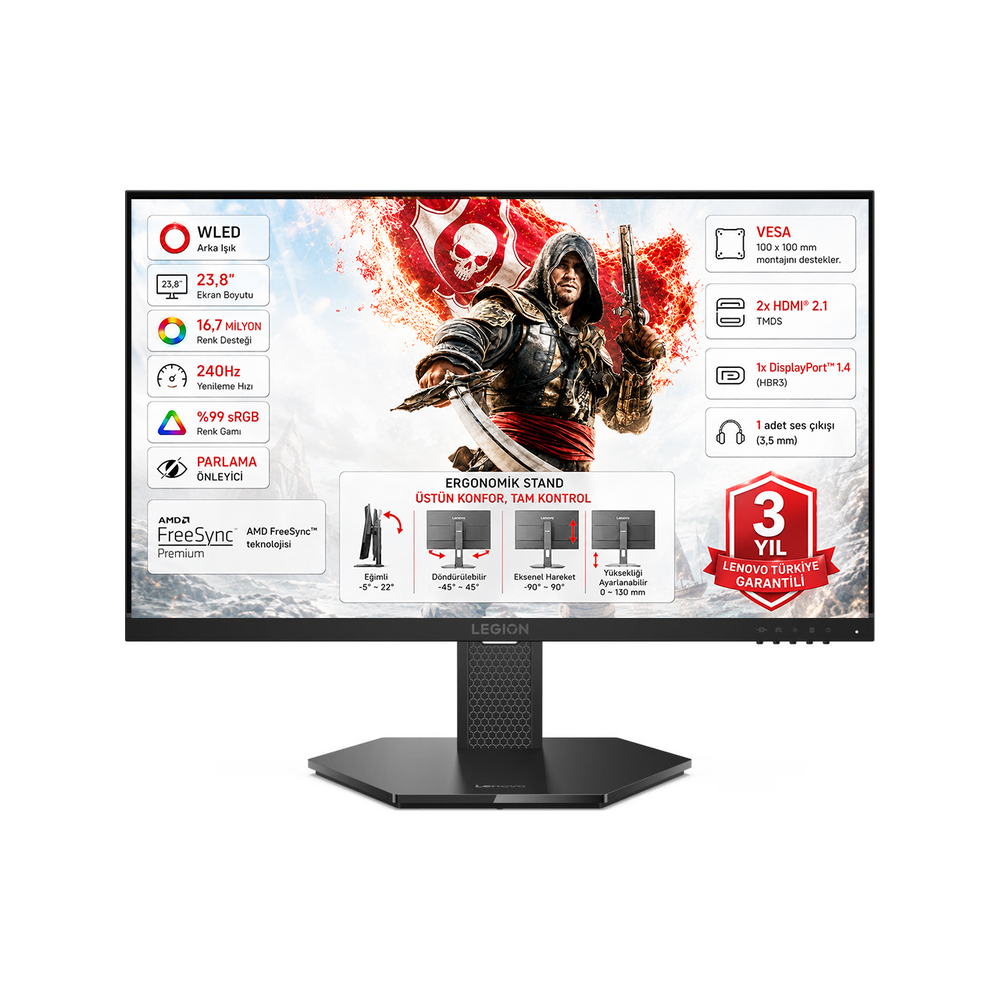 Savaşçı gösteren bir oyuncu monitörü, 240Hz, %99 sRGB ve ergonomik stand özellikleri.