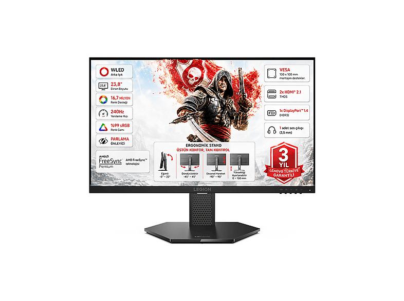 LENOVO 67E7GAC4TK Legion 24-15 240Hz 2xHDMI DisplayPort IPS WLED Pivot 23,8 inç Full-HD 0,5 ms Monitör Siyah