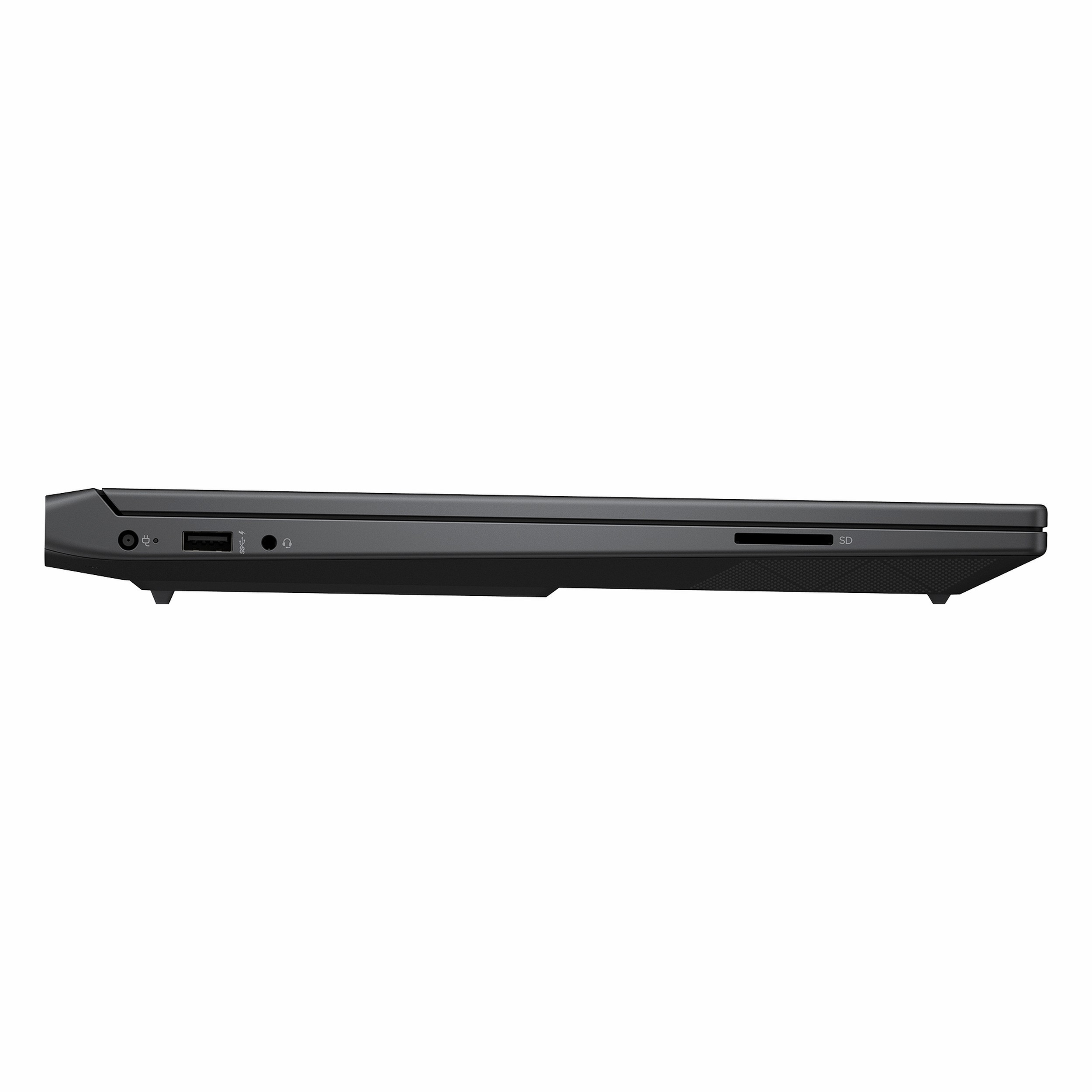 Siyah dizüstü bilgisayarın yan görünümü, bağlantı noktaları: USB, kulaklık, SD kart okuyucu.