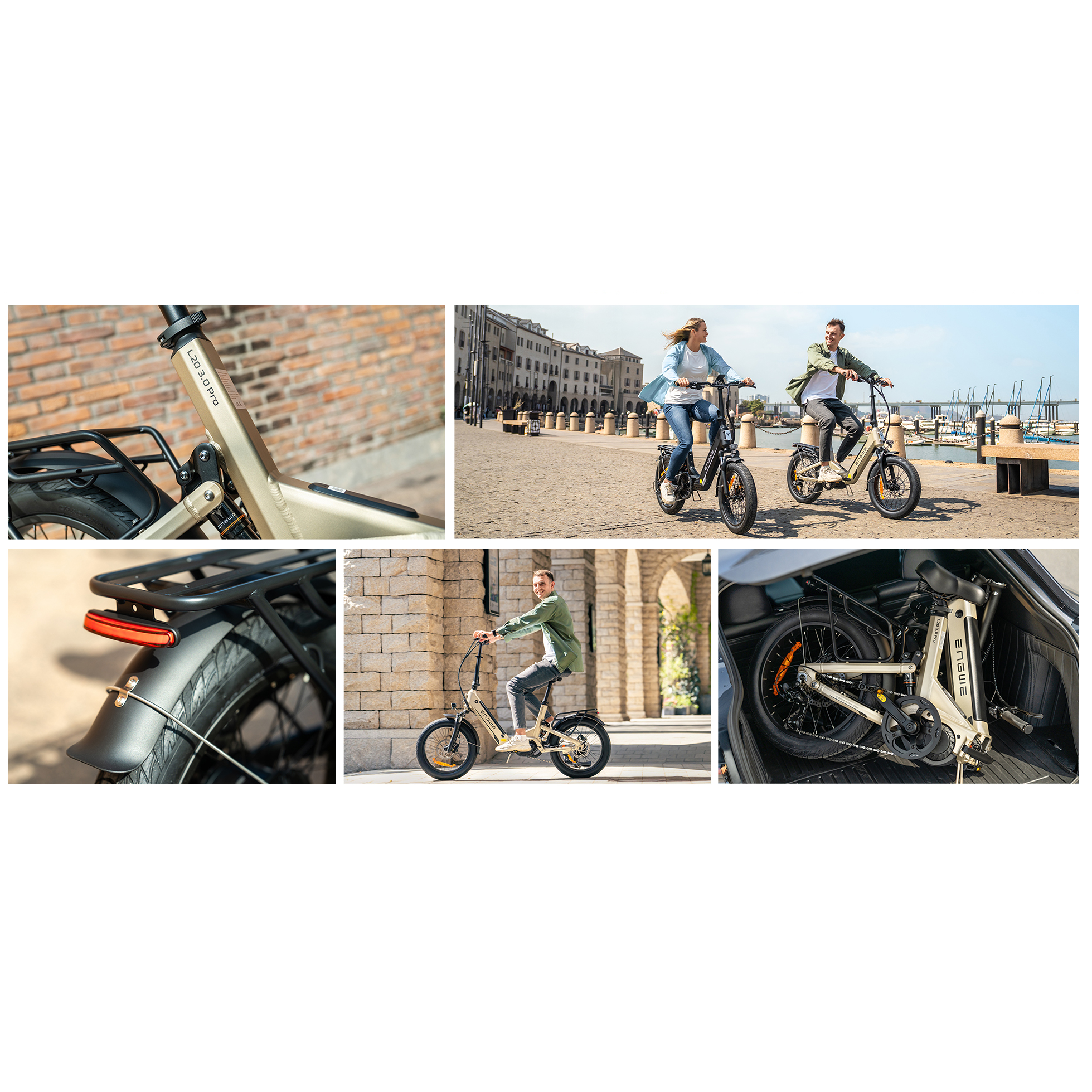 Mehrere Bilder eines faltbaren E-Bikes in verschiedenen Szenarien, darunter eine Nahaufnahme und Fahrten im Freien.