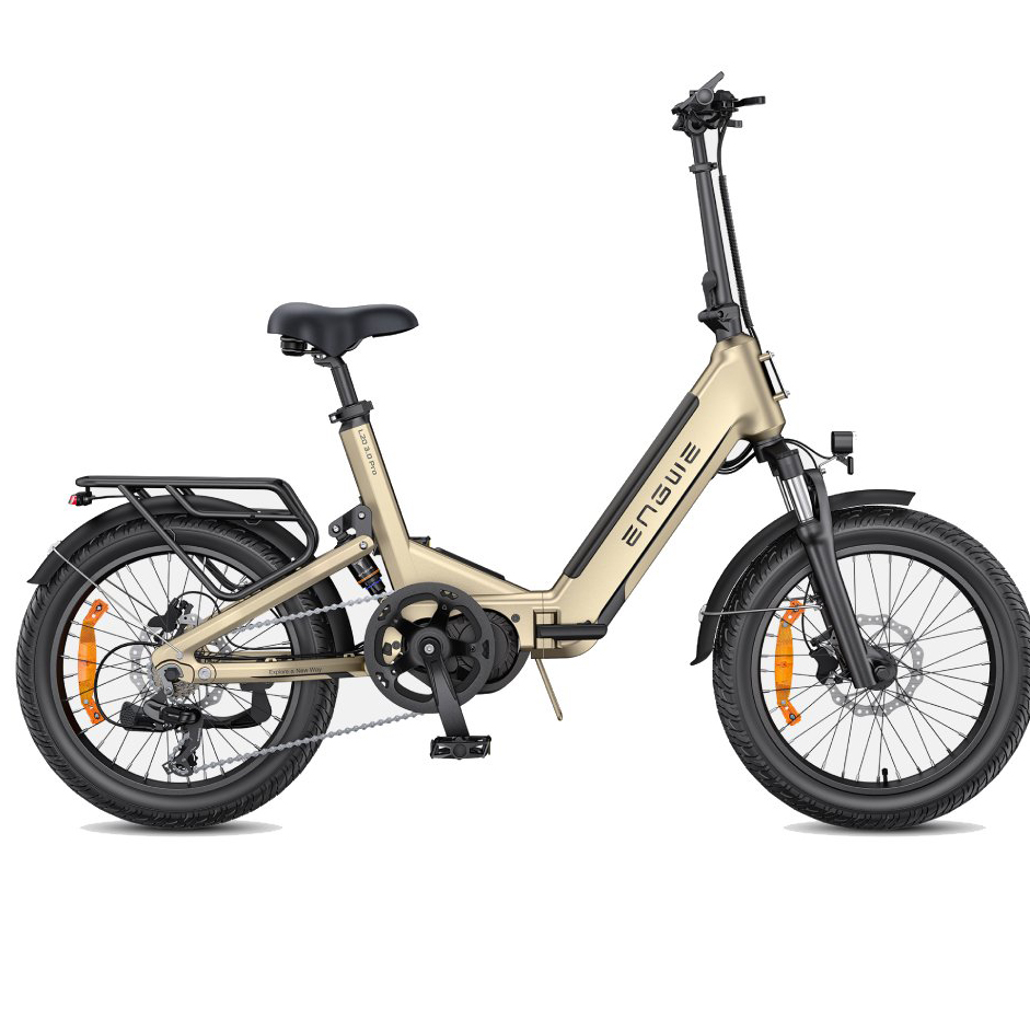Ein goldfarbenes faltbares Elektrofahrrad mit schwarzem Sitz, Reifen und Schutzblechen.