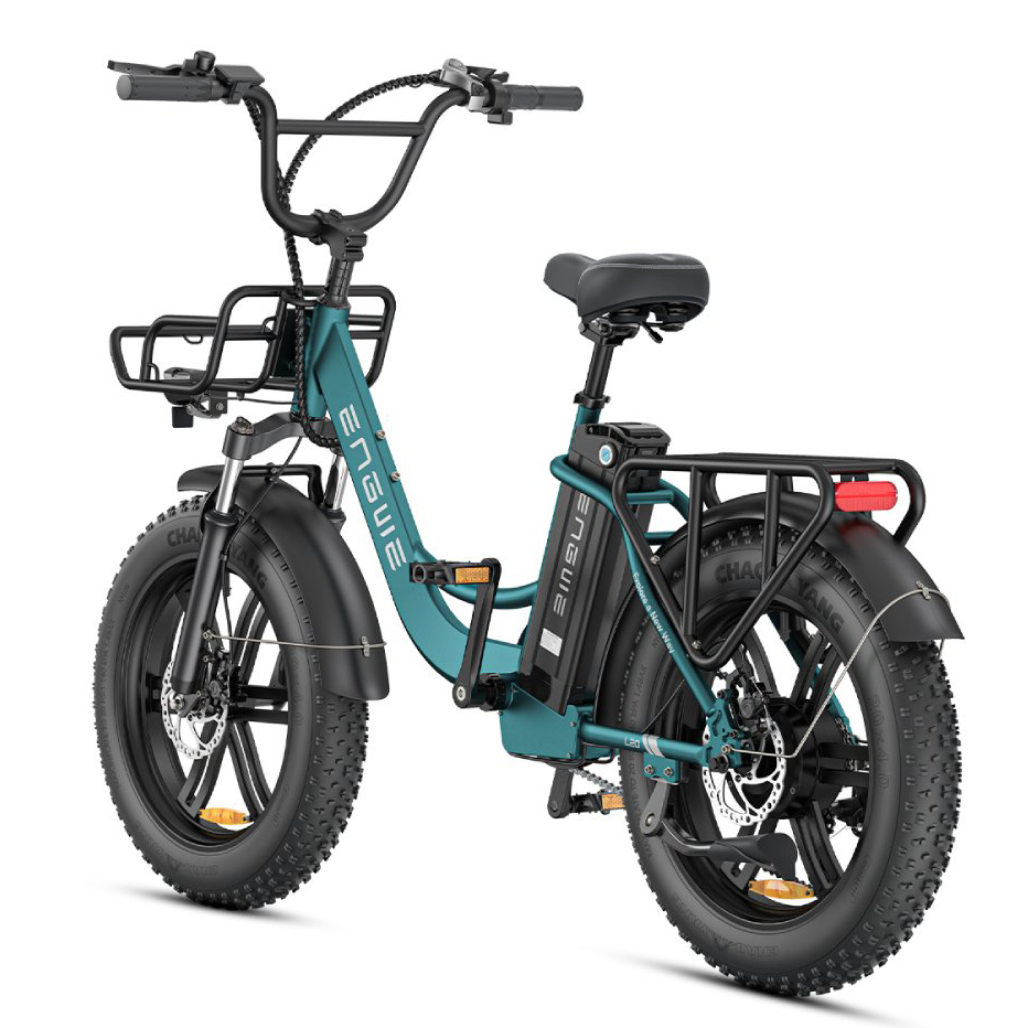 Ein türkisfarbener Fatbike-E-Scooter mit Gepäckträgern vorne und hinten.