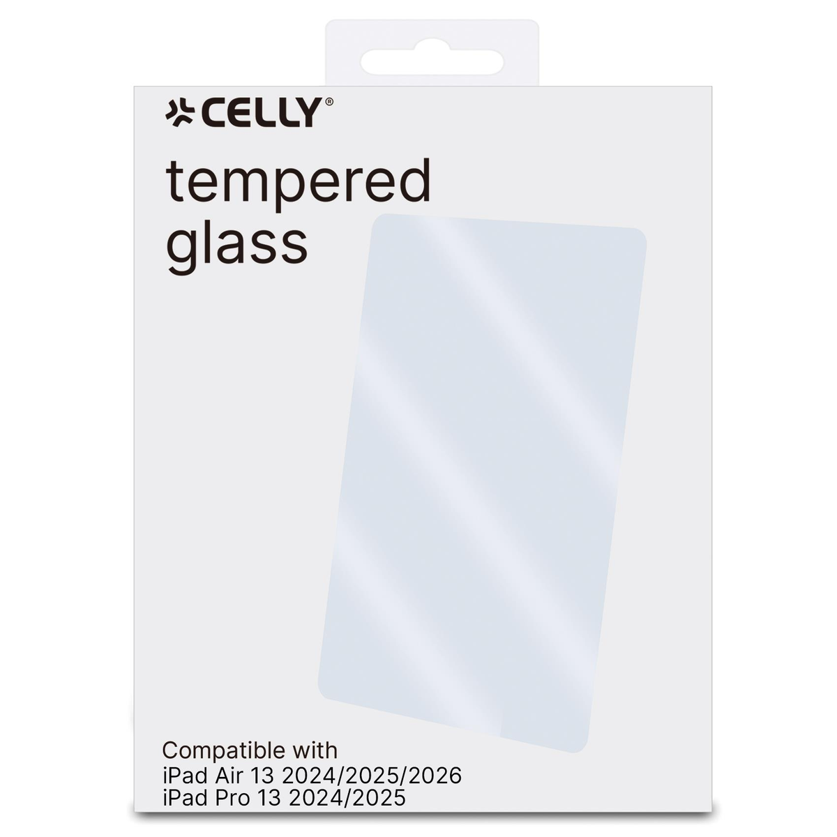 Embalaje de vidrio templado CELY. Compatible con iPad Air 13 y iPad Pro 13.