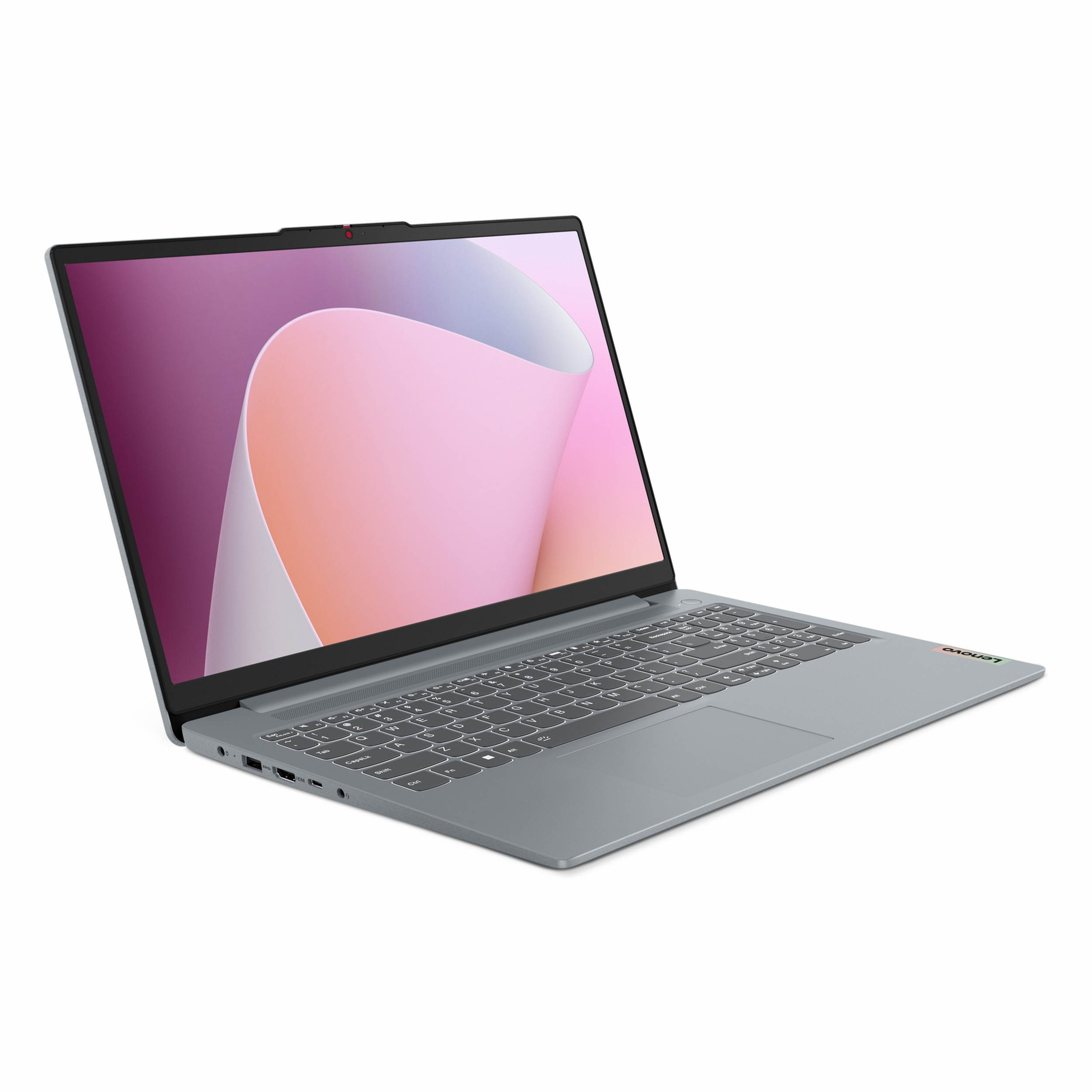 Pembe ve mor arka planlı, açık ve yandan görünümlü gri bir Lenovo dizüstü bilgisayar.