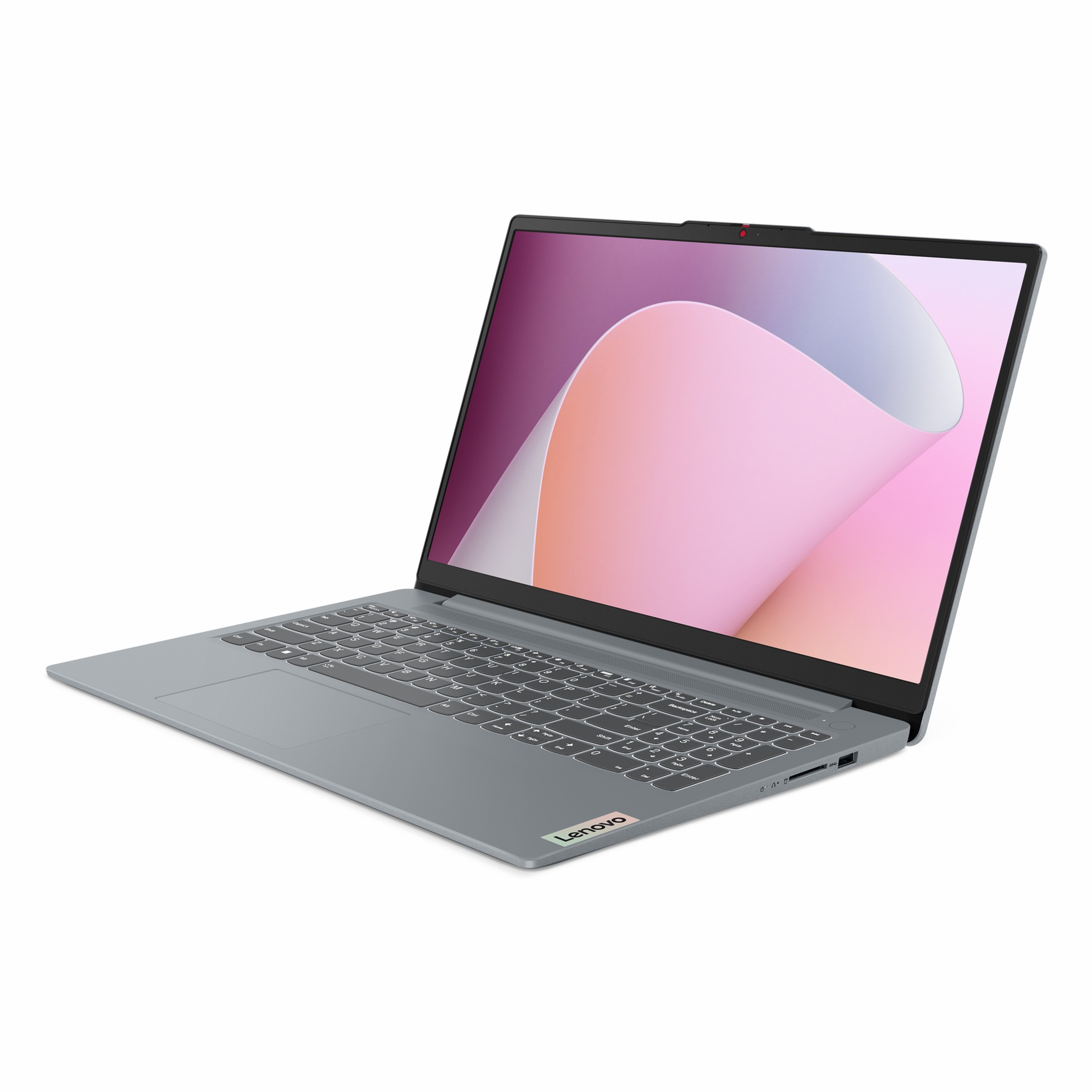 Arkadan aydınlatmalı klavyeli ve pembe/mor duvar kağıtlı gri Lenovo dizüstü bilgisayar.