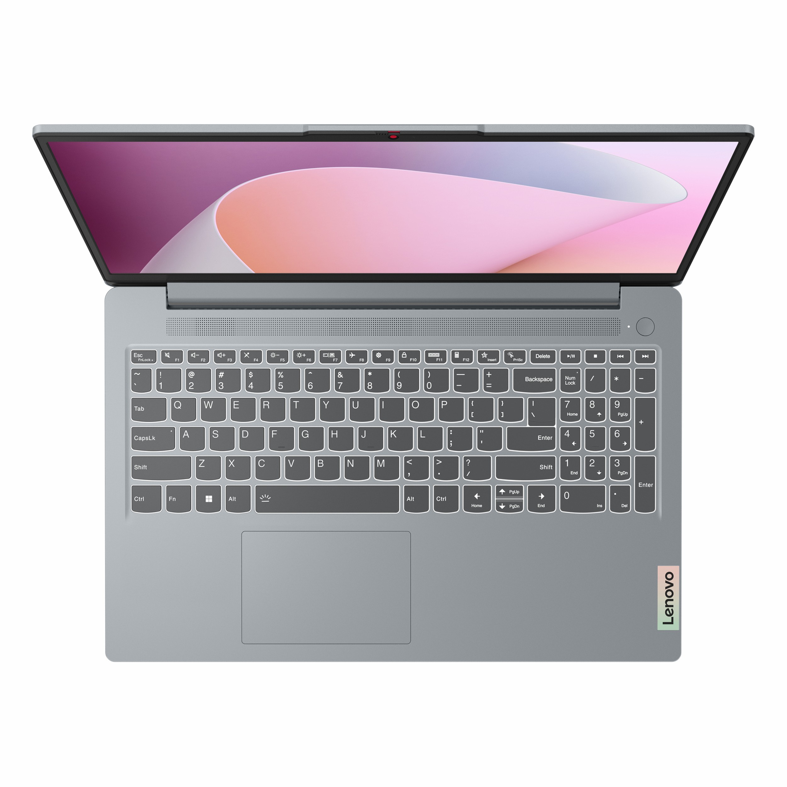 Klavye ve dokunmatik yüzeyli açık gri Lenovo dizüstü bilgisayar.