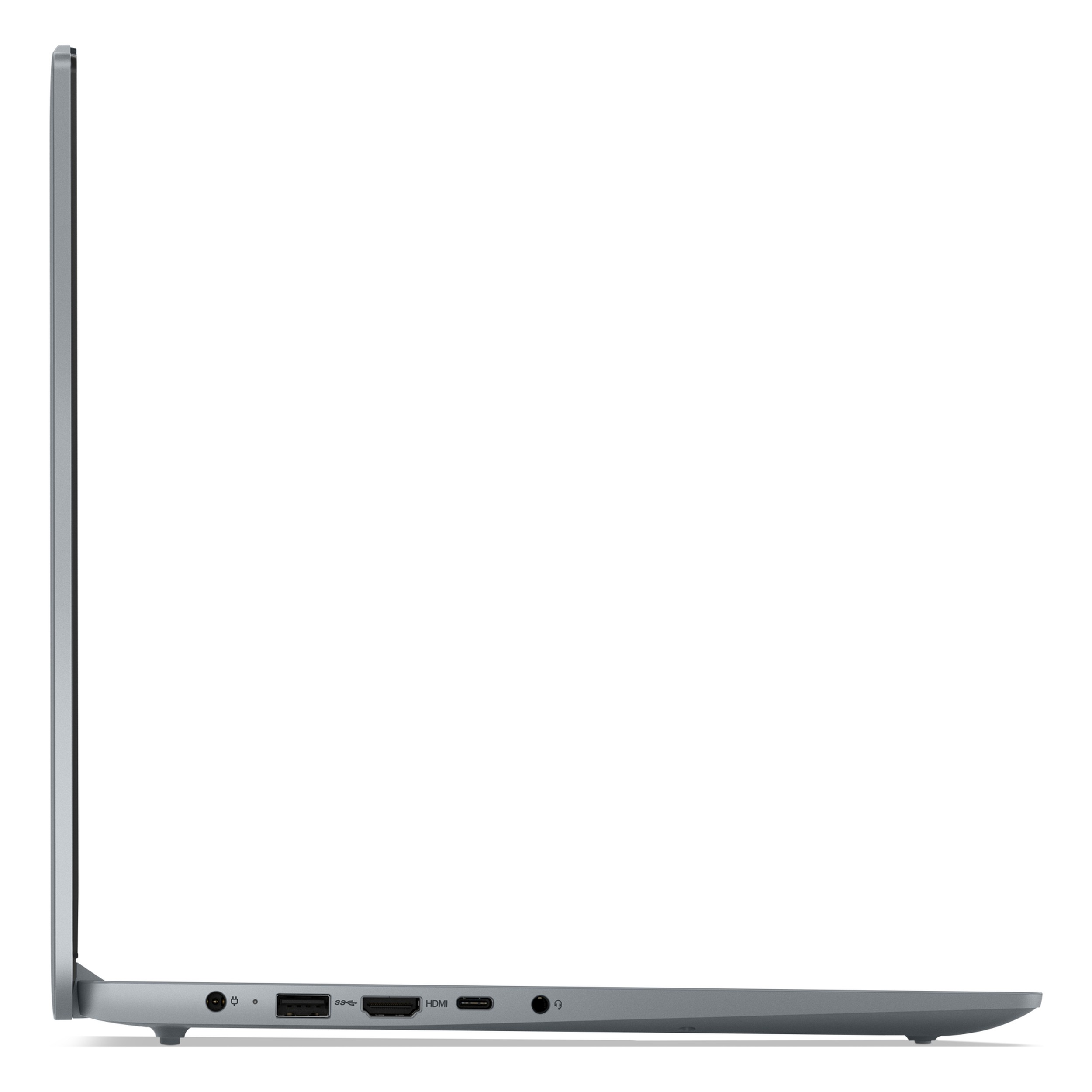 Gri laptop yan profilinde portlar: güç, USB, HDMI, USB-C, kulaklık.