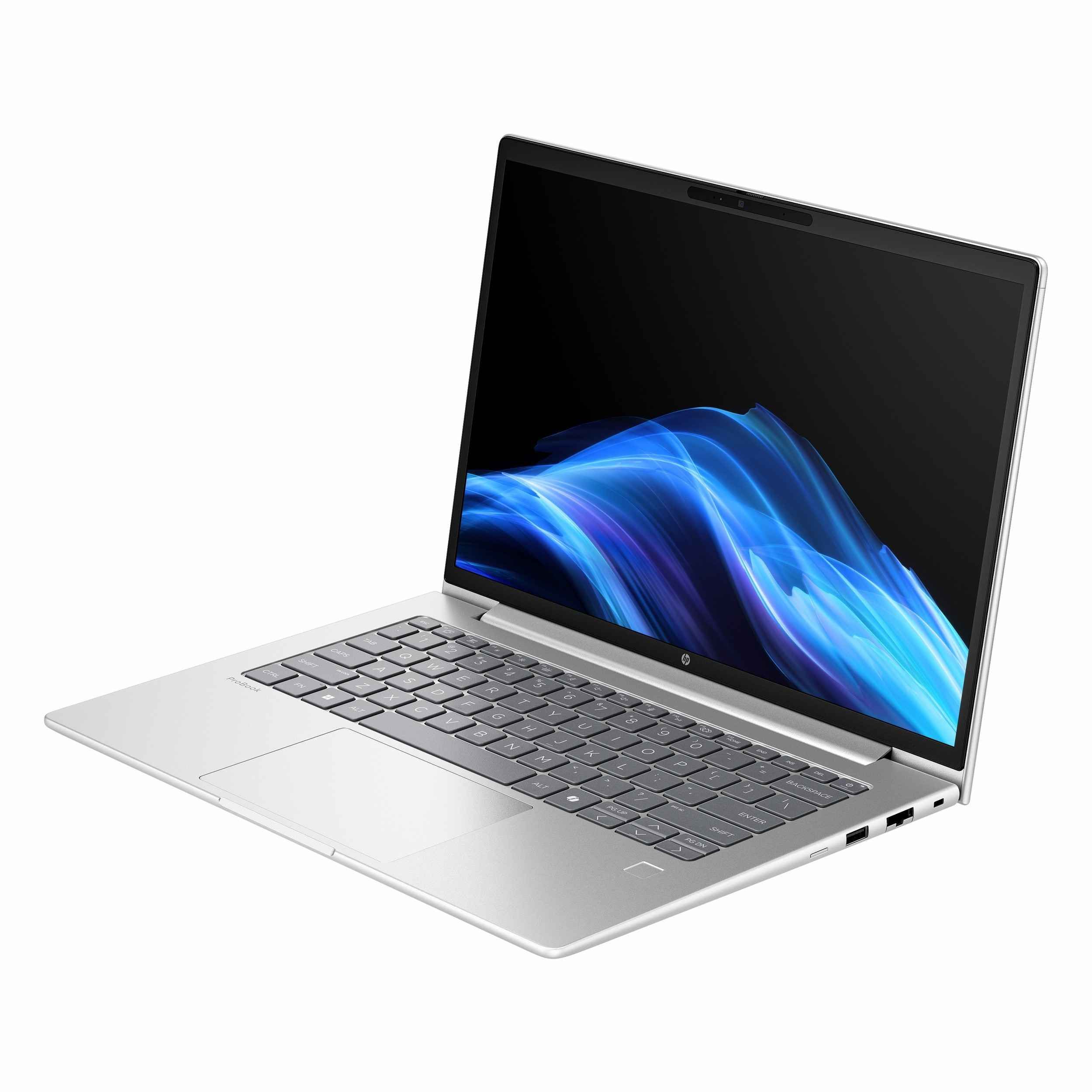 Ekranında mavi soyut arka plana sahip açık gümüş rengi HP ProBook dizüstü bilgisayar.