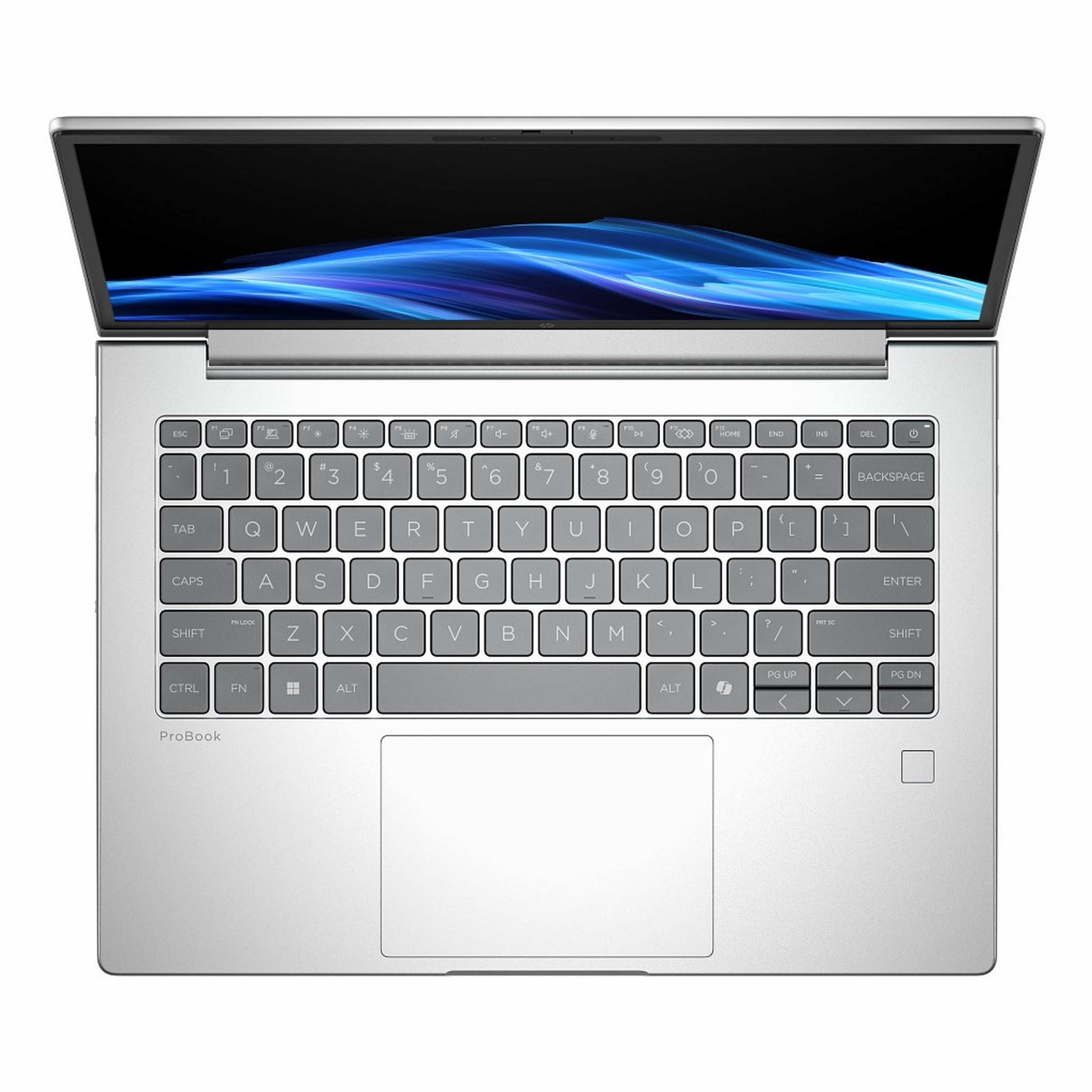 Gümüş rengi HP ProBook dizüstü bilgisayar, açık ekran, mavi soyut duvar kağıdı görünüyor. Klavye görünür.